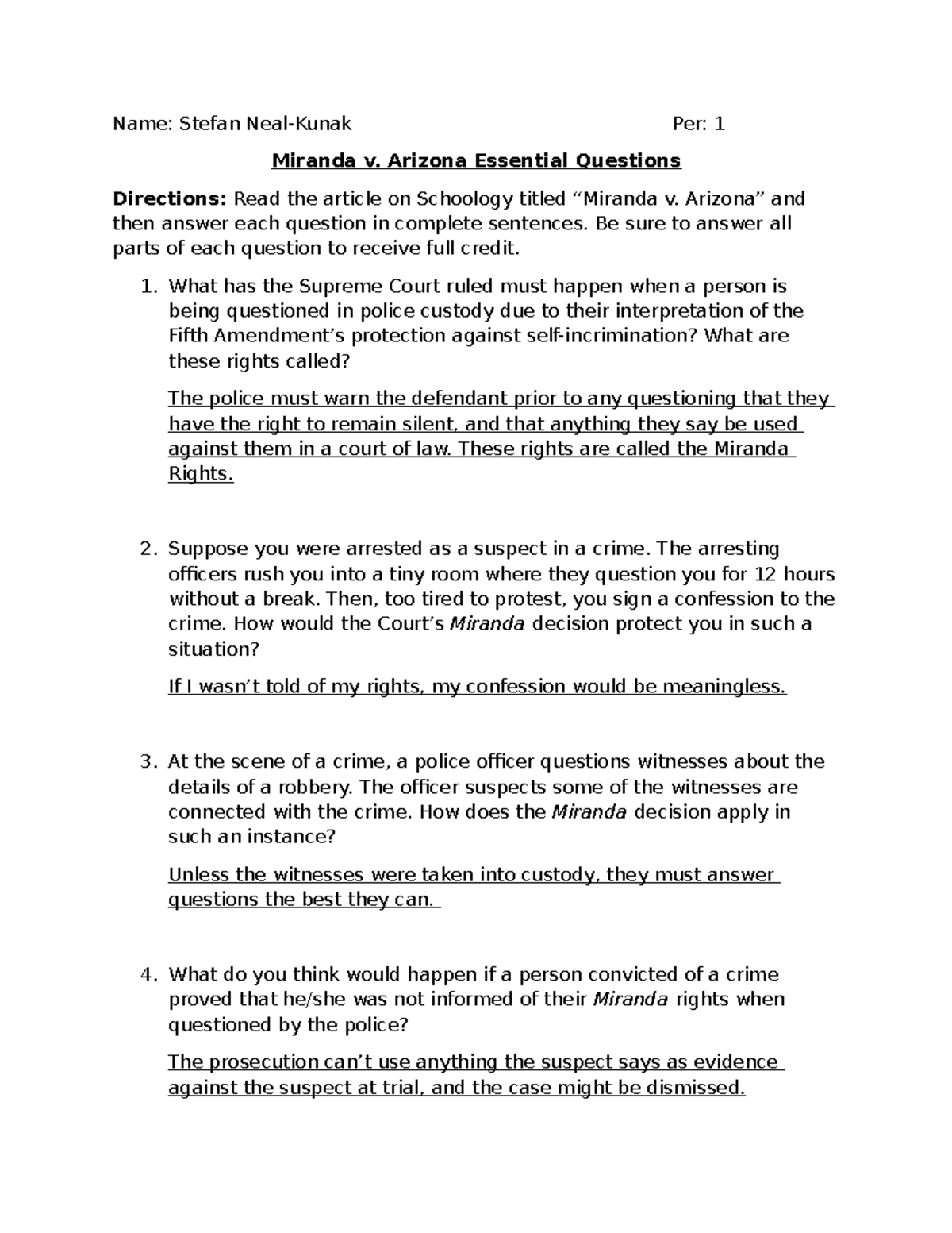Miranda v. Arizona - Essential Questions & Answers - Studocu