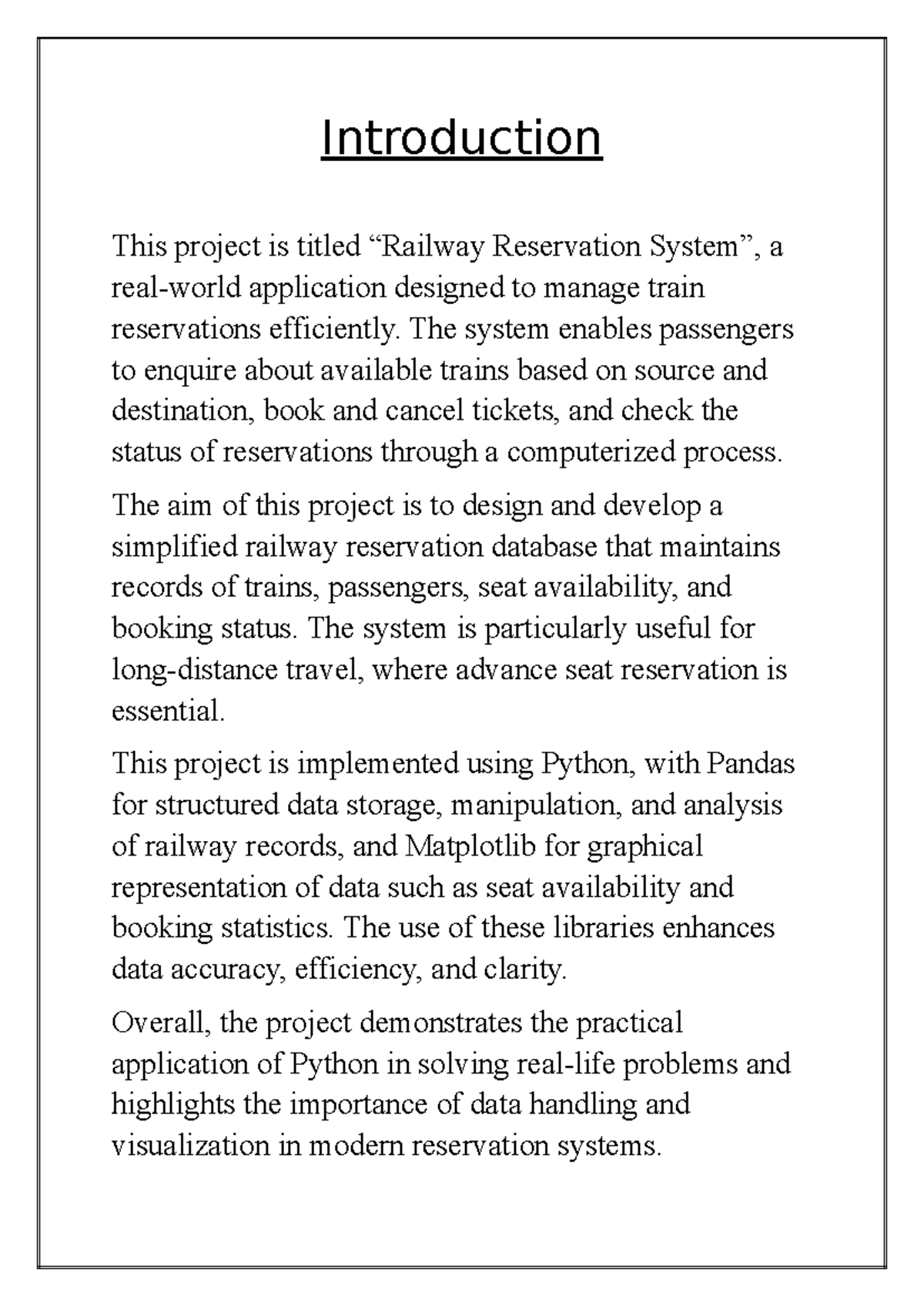 IP Project - Synopsis: Railway Reservation System Using Python - Studocu
