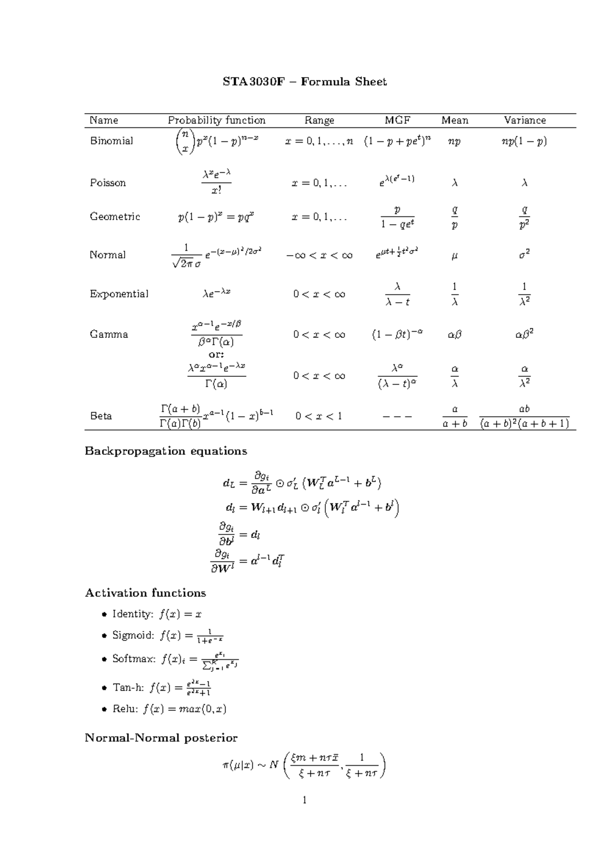 Formula Sheet - STA3030F – Formula Sheet Name Probability function ...