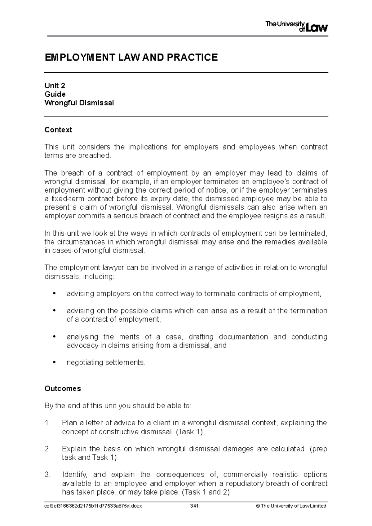 WS 2 - Case Study on Wrongful Dismissal in Employment Law - Studocu