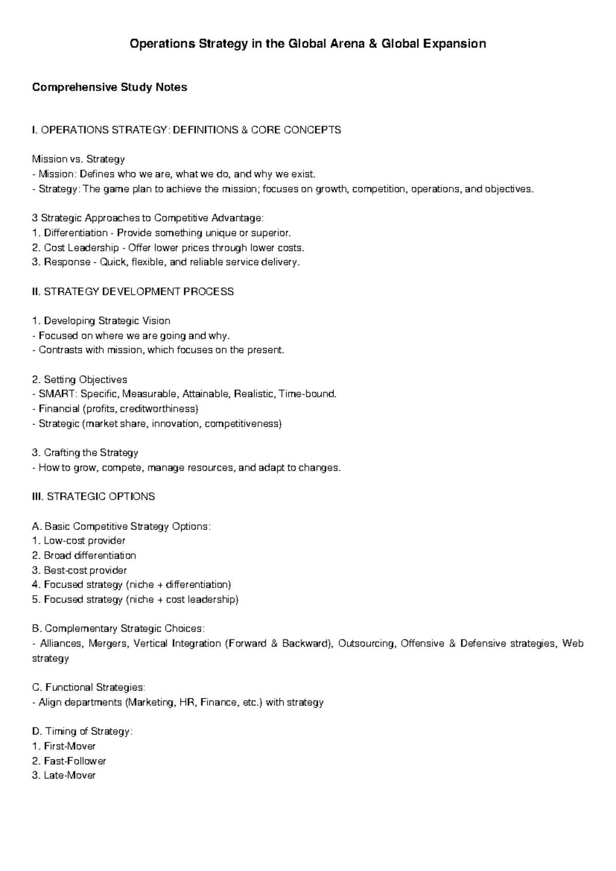 Operations Strategy in the Global Arena: Comprehensive Study Notes ...