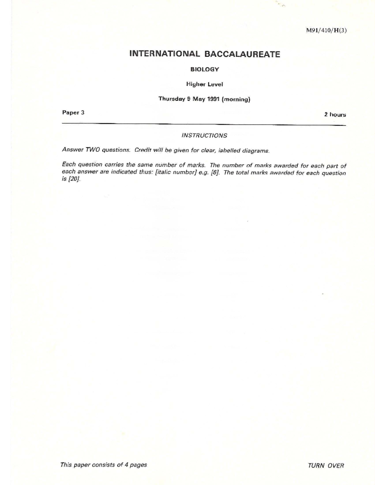 Biology Paper 3 HL: International Baccalaureate Exam May 1991 - Studocu