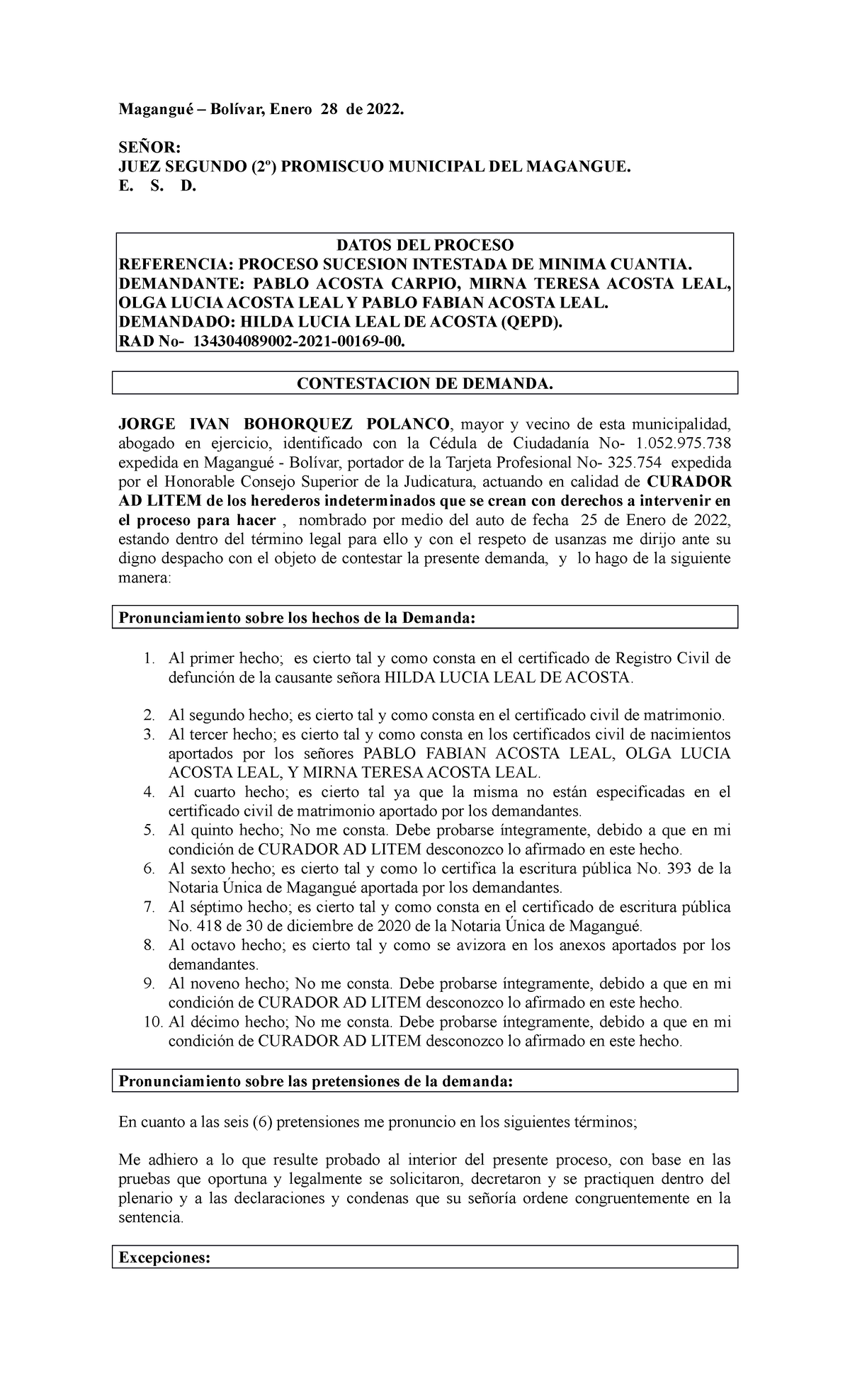 Contestación Curaduría en Proceso Sucesión Intestada - RAD No. 134304089002-2021-00169-00 - Document Preview