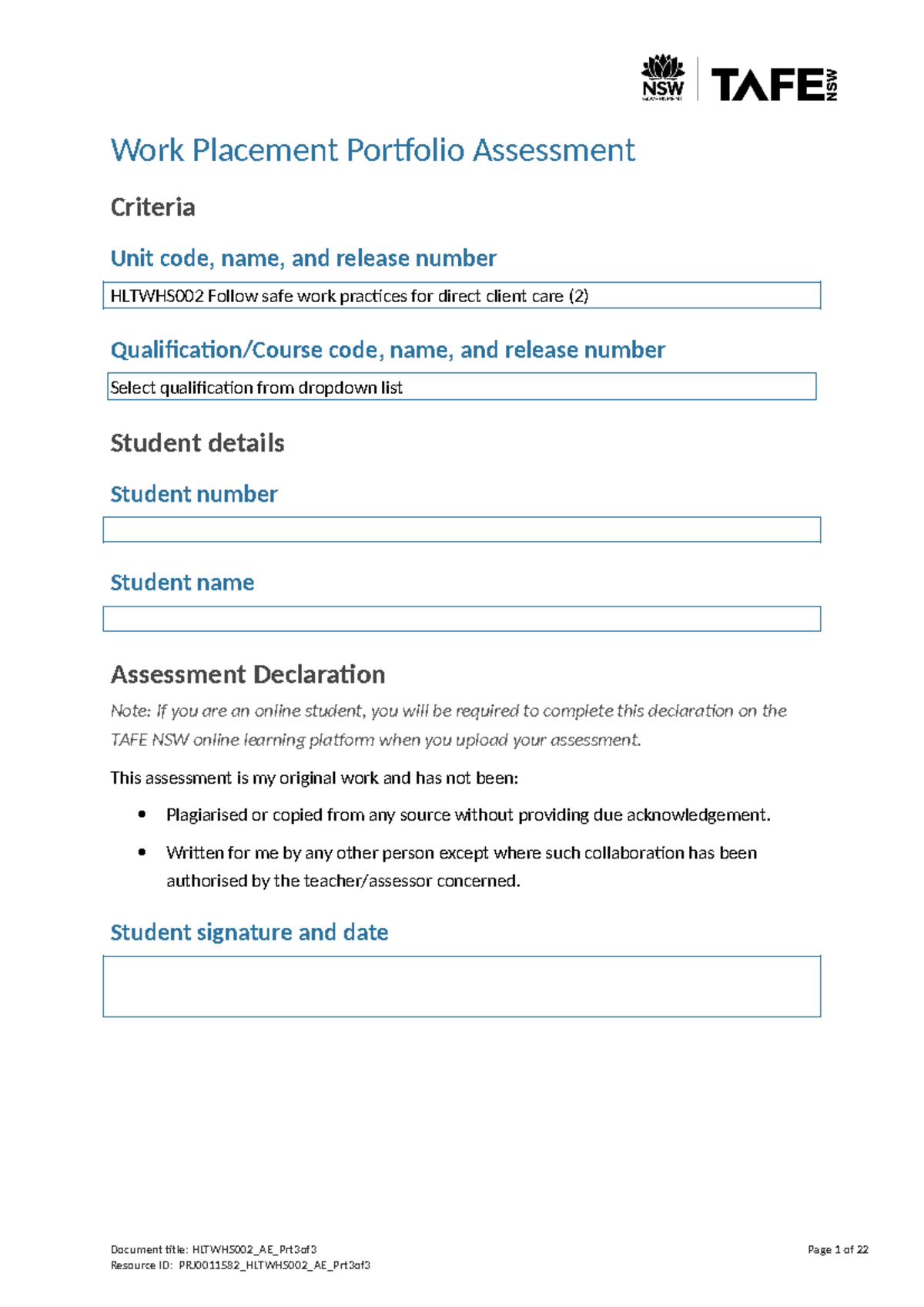 HLTWHS002_AE_Work_Placement_Portfolio_Assessment_Part_3 - Studocu