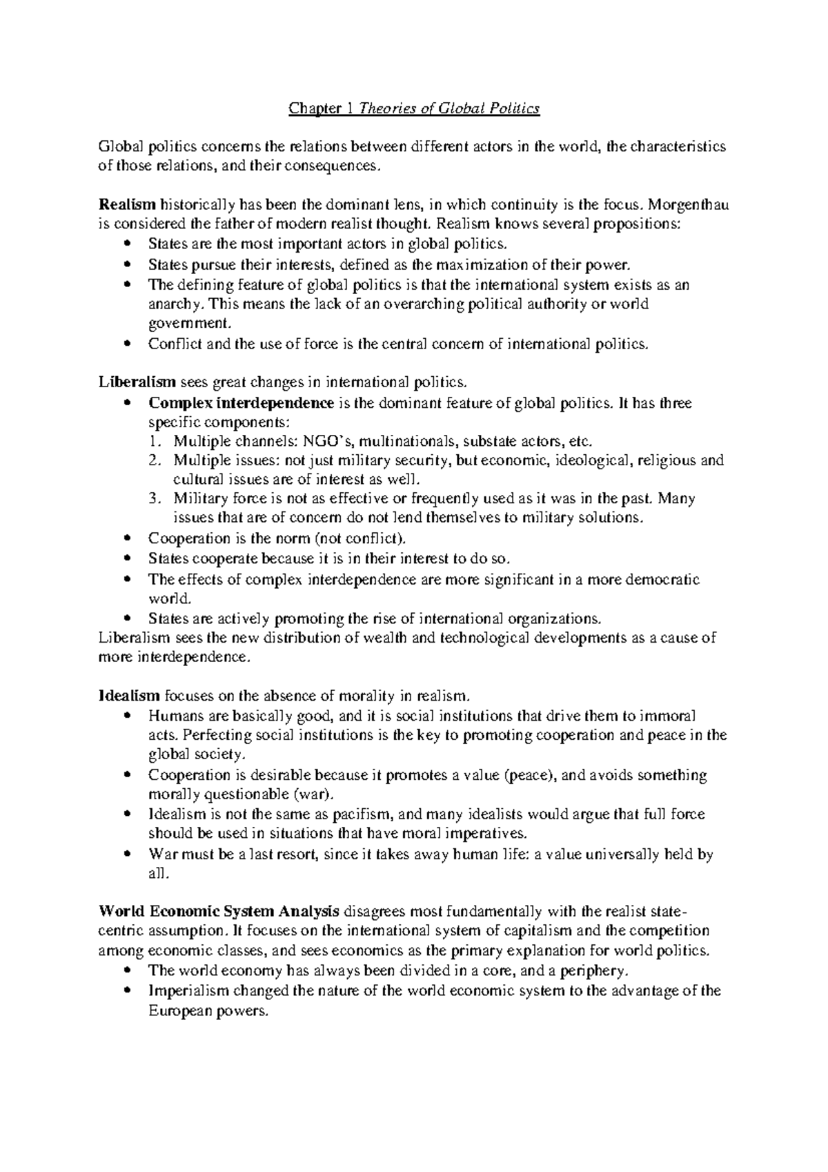 Summary of Theories in Global Politics - H1-14 - Studeersnel