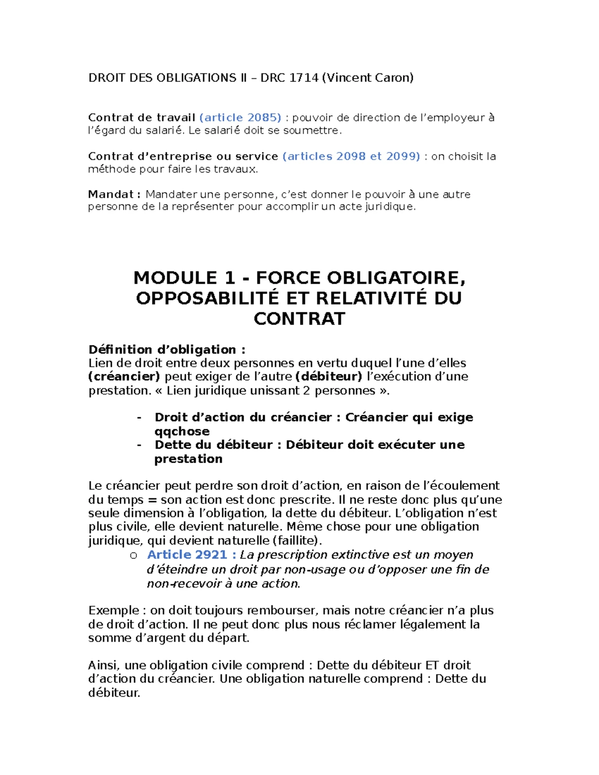 Plan de cours - Résumé Droit des obligations II (FTX 306) 2024-2025 ...
