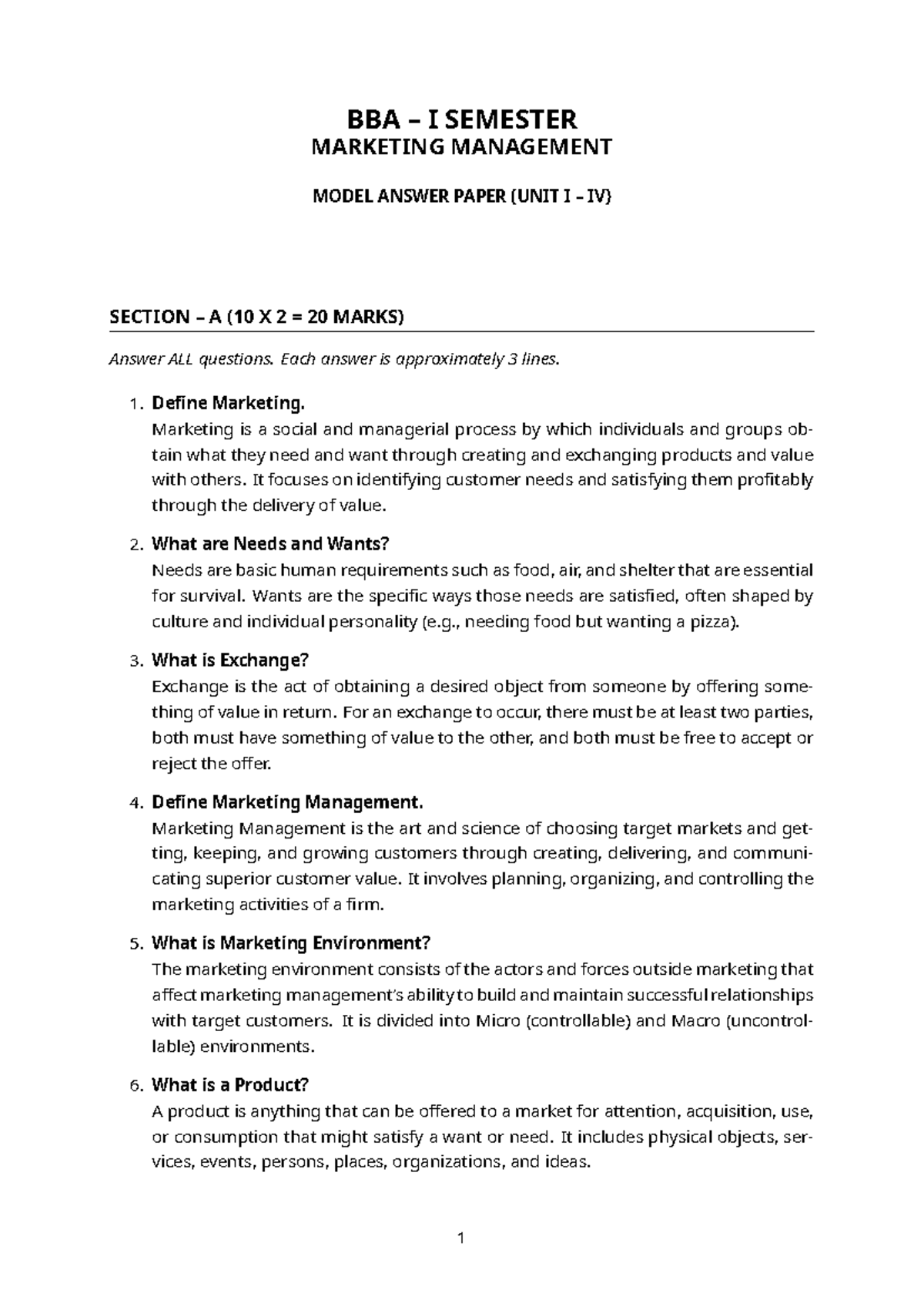 BBA I SEMESTER MARKETING MANAGEMENT MODEL ANSWERS (UNIT I-IV) - Studocu