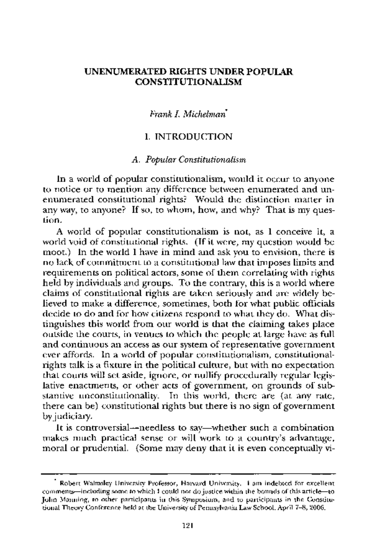 Unenumerated Rights Debate in Popular Constitutionalism: An Inquiry ...