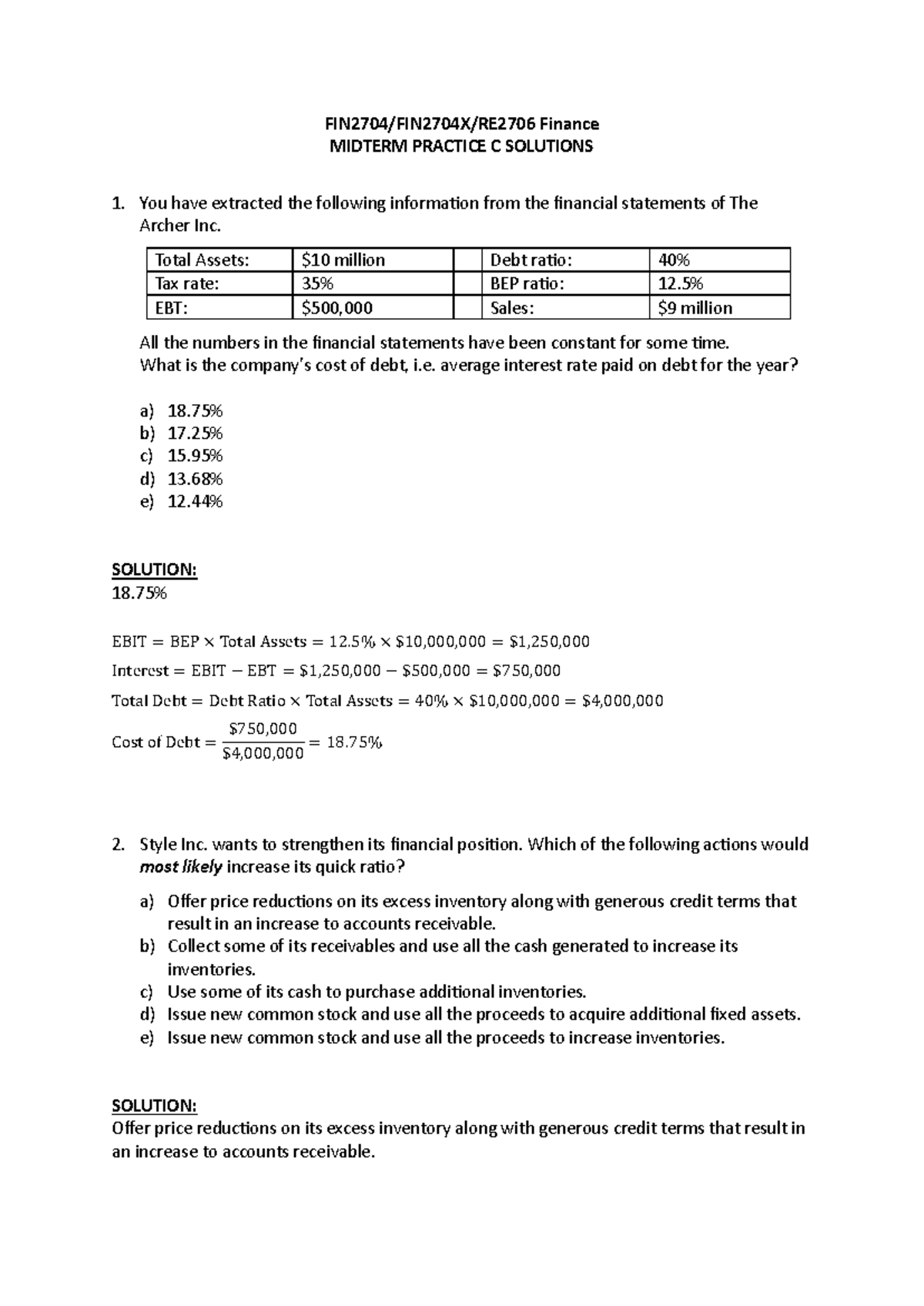 Finance MIDTERM PRACTICE C SOLUTIONS - Comprehensive Guide - Studocu