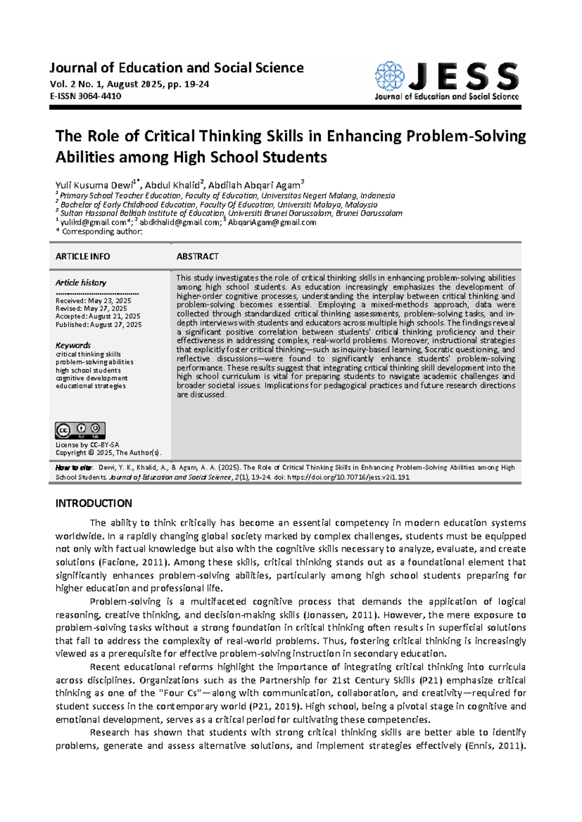 Critical Thinking Skills and Student Abilities in High School: A Study ...