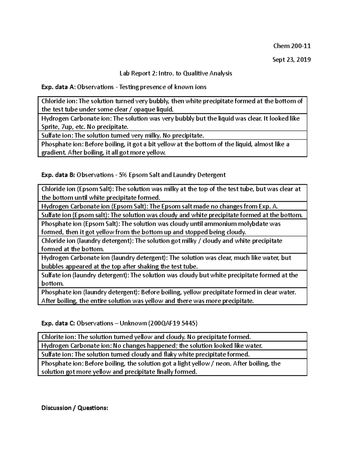 Chem200 lab report 2 - Chem 200- Sept 23, 2019 Lab Report 2: Intro. to ...