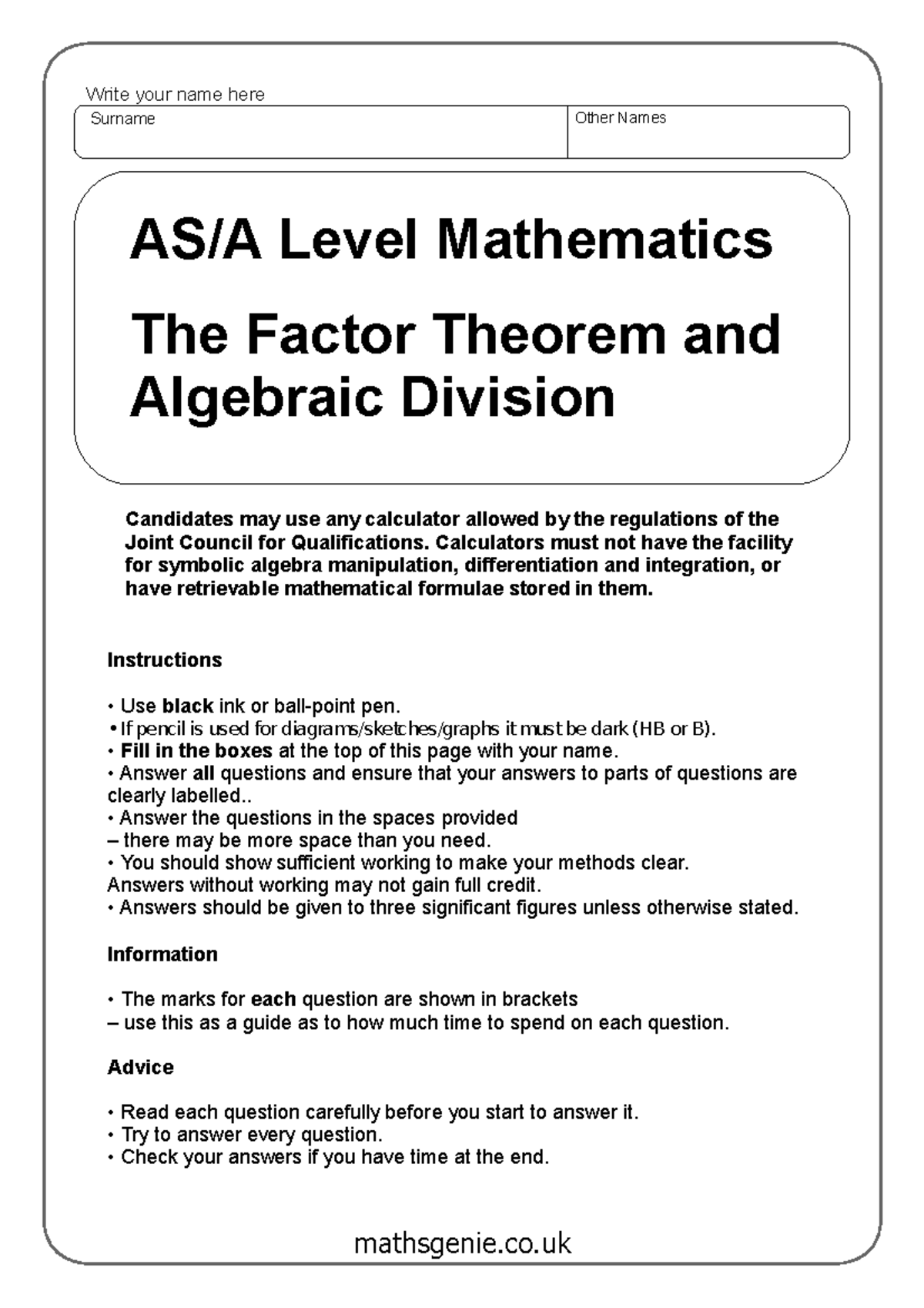 AS/A Level Maths: The Factor Theorem & Algebraic Division Guide - Studocu