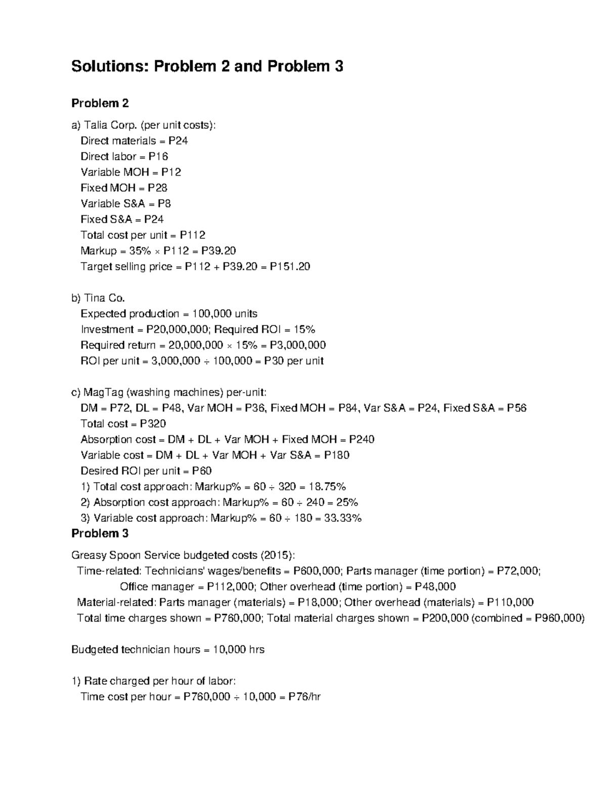 Solutions to Problems 2 & 3: Cost Analysis and Budgeting - Studocu