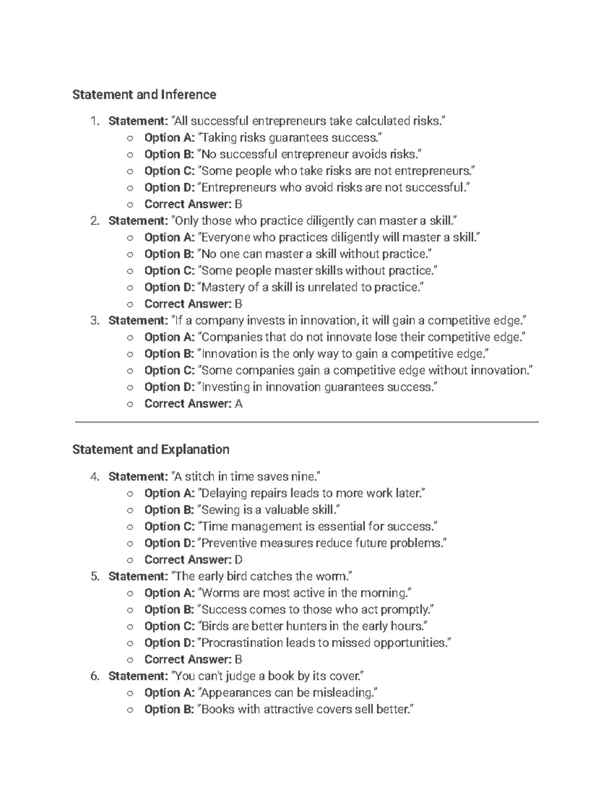 Aptitude Test Prep - Statement and Inference 1. Statement: 