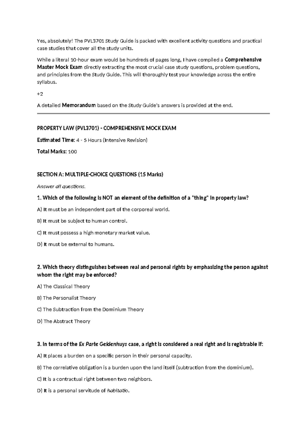 PVL3701 PROPERTY LAW COMPREHENSIVE MOCK EXAM STUDY GUIDE - Studocu