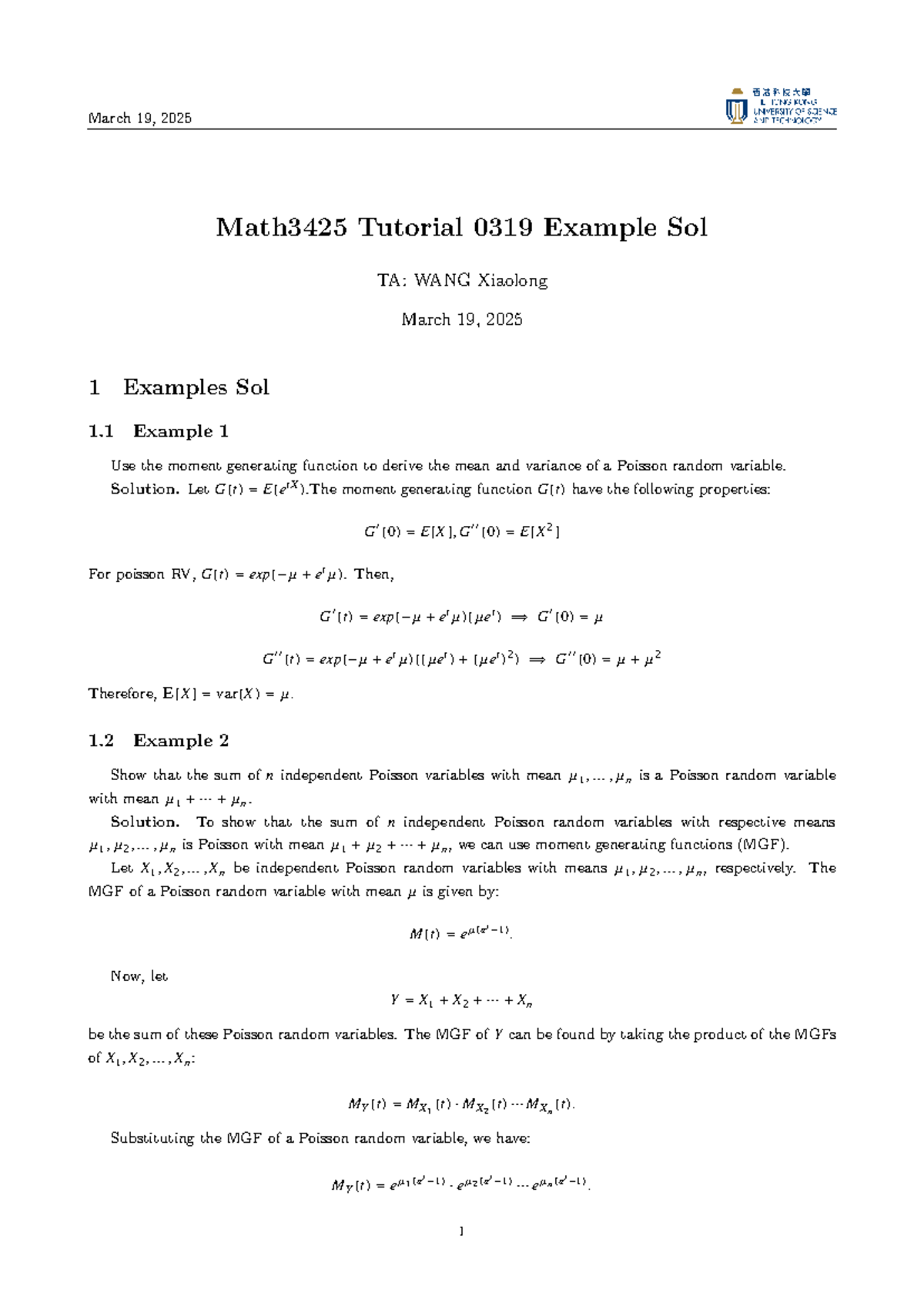 Math3425 Tutorial 0319: Poisson Random Variable Examples Solutions ...