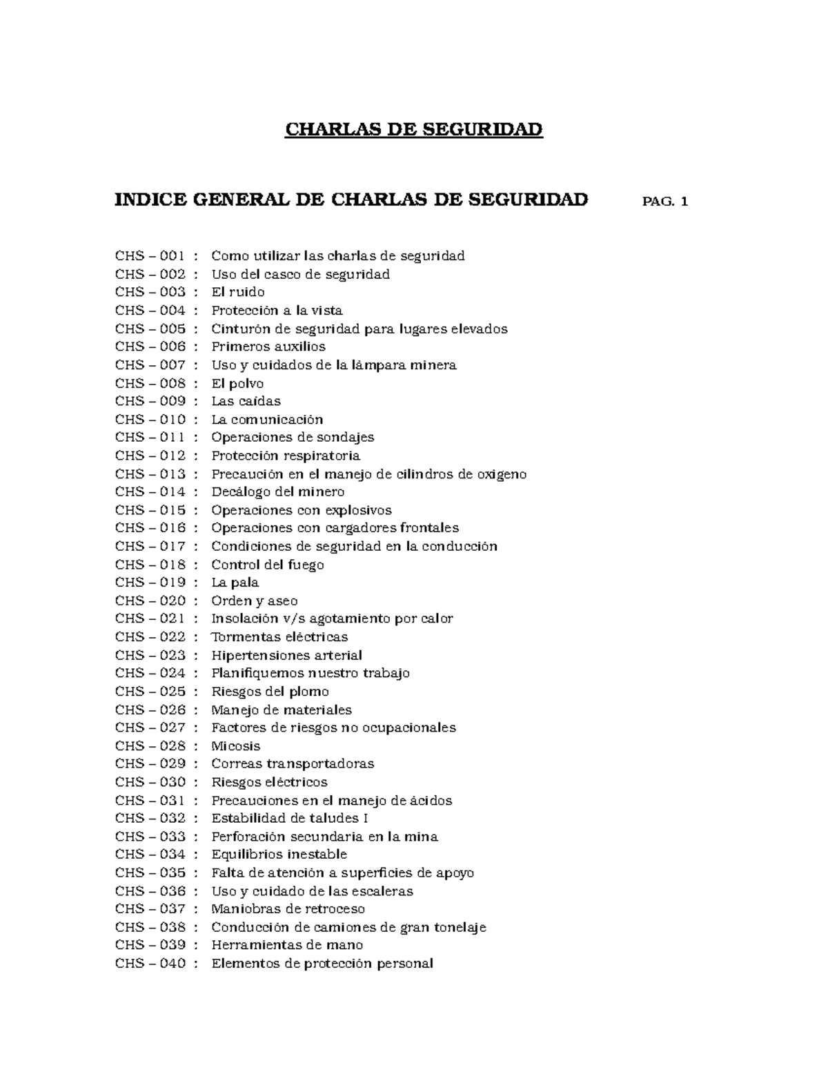 Índice General de Charlas de Seguridad CHS 001-100: Prevención y Normas ...