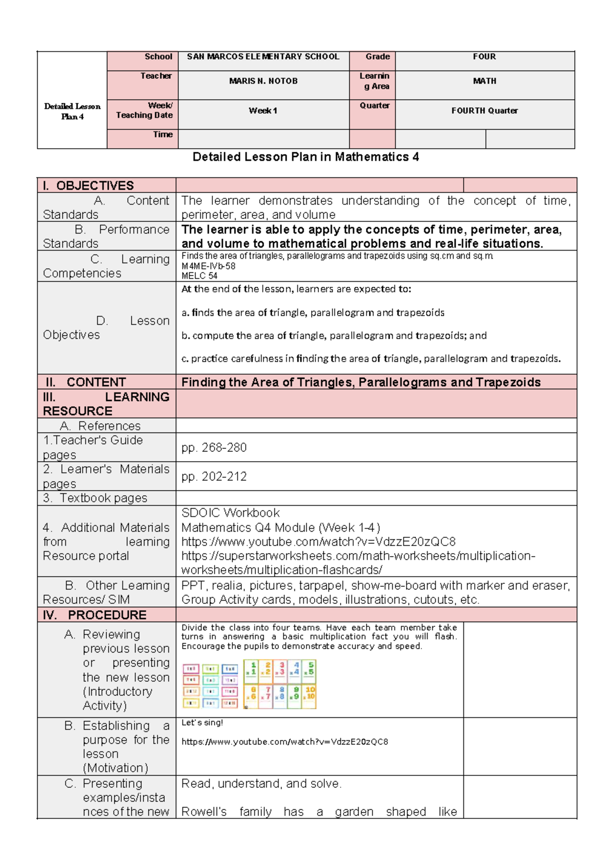 MATH 4 - Detailed Lesson Plan on Area, Perimeter & Volume Q4 - Studocu