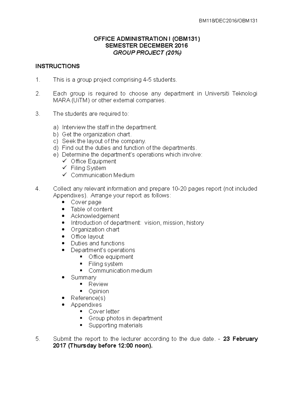 Group Project Guidelines OBM131 DIS2016 - BM118/DEC2016/OBM OFFICE ...