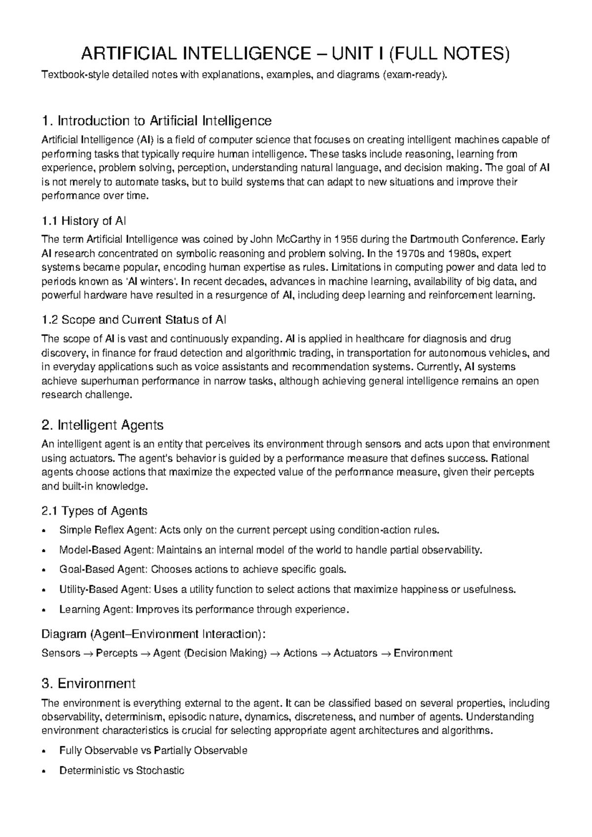 AI 101: Unit I Full Notes on Artificial Intelligence Concepts - Studocu