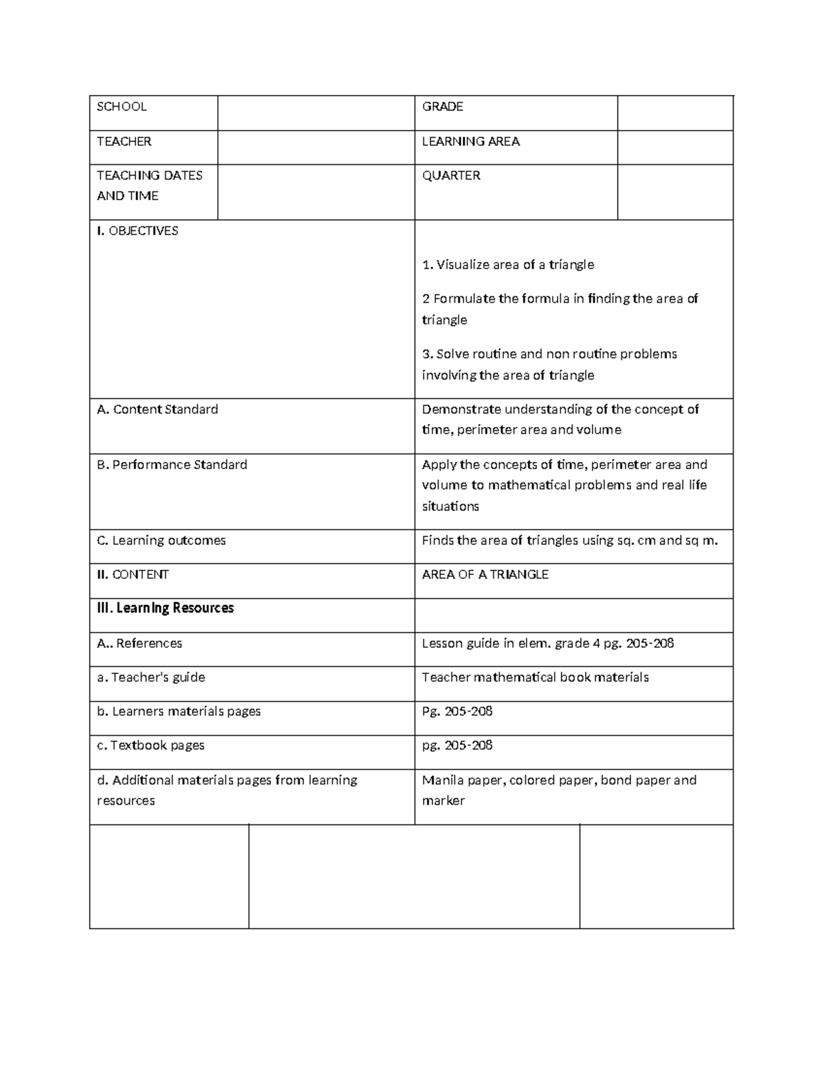 MATH 4 LP2 1 - Lesson Plan on Finding the Area of Triangles - Studocu