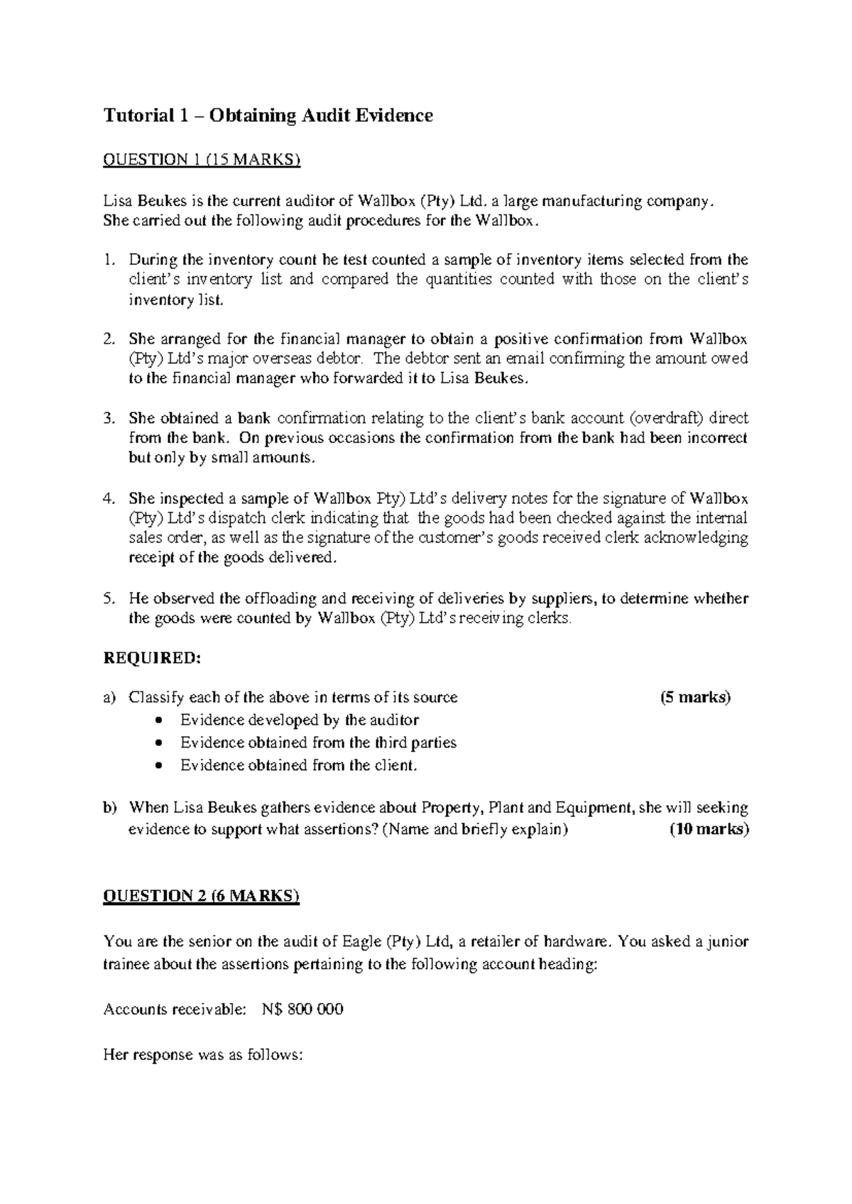 Tutorial 1: Obtaining Audit Evidence - Questions & Classifications ...