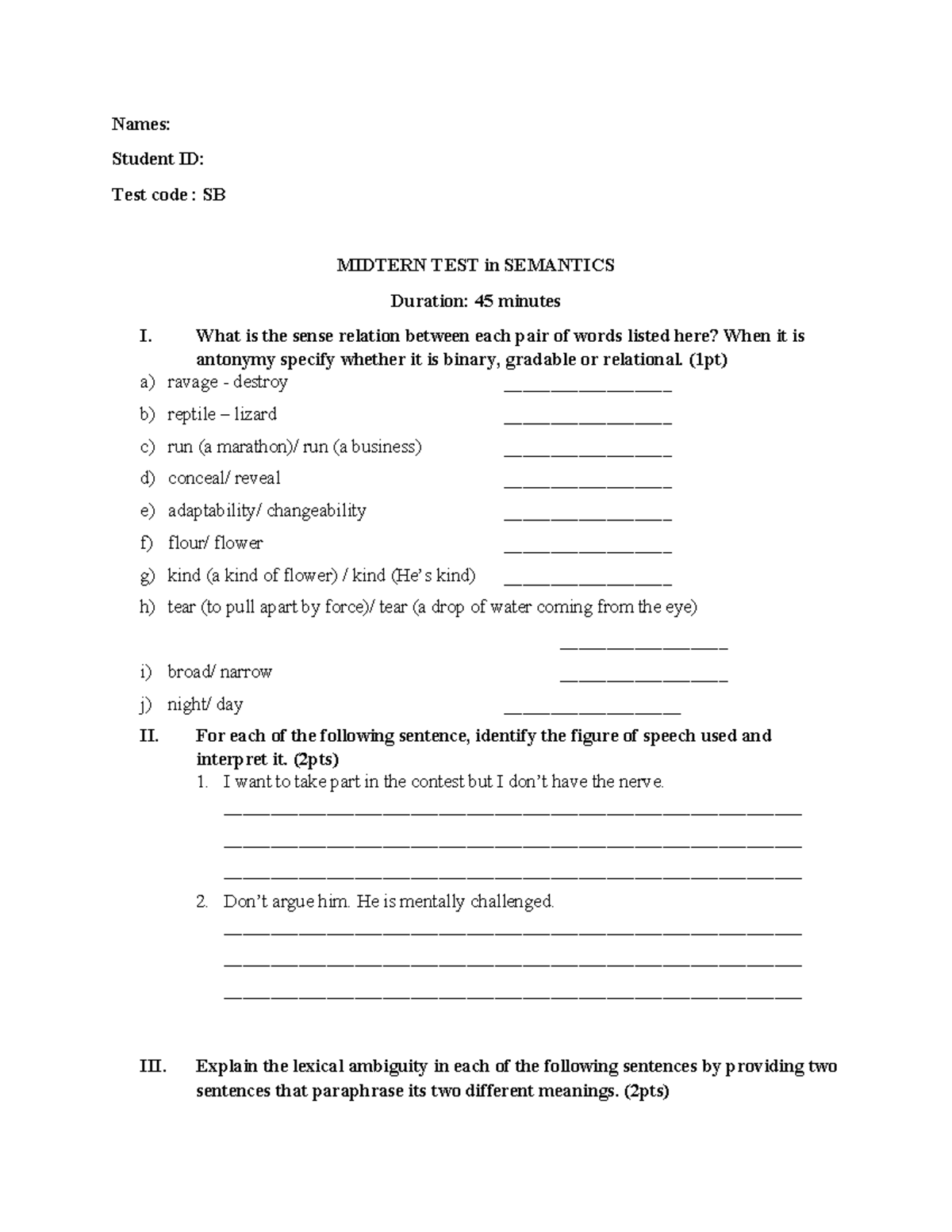 SB MIDTERM TEST in SEMANTICS: Practice Exercises 2025-2026 - Studocu
