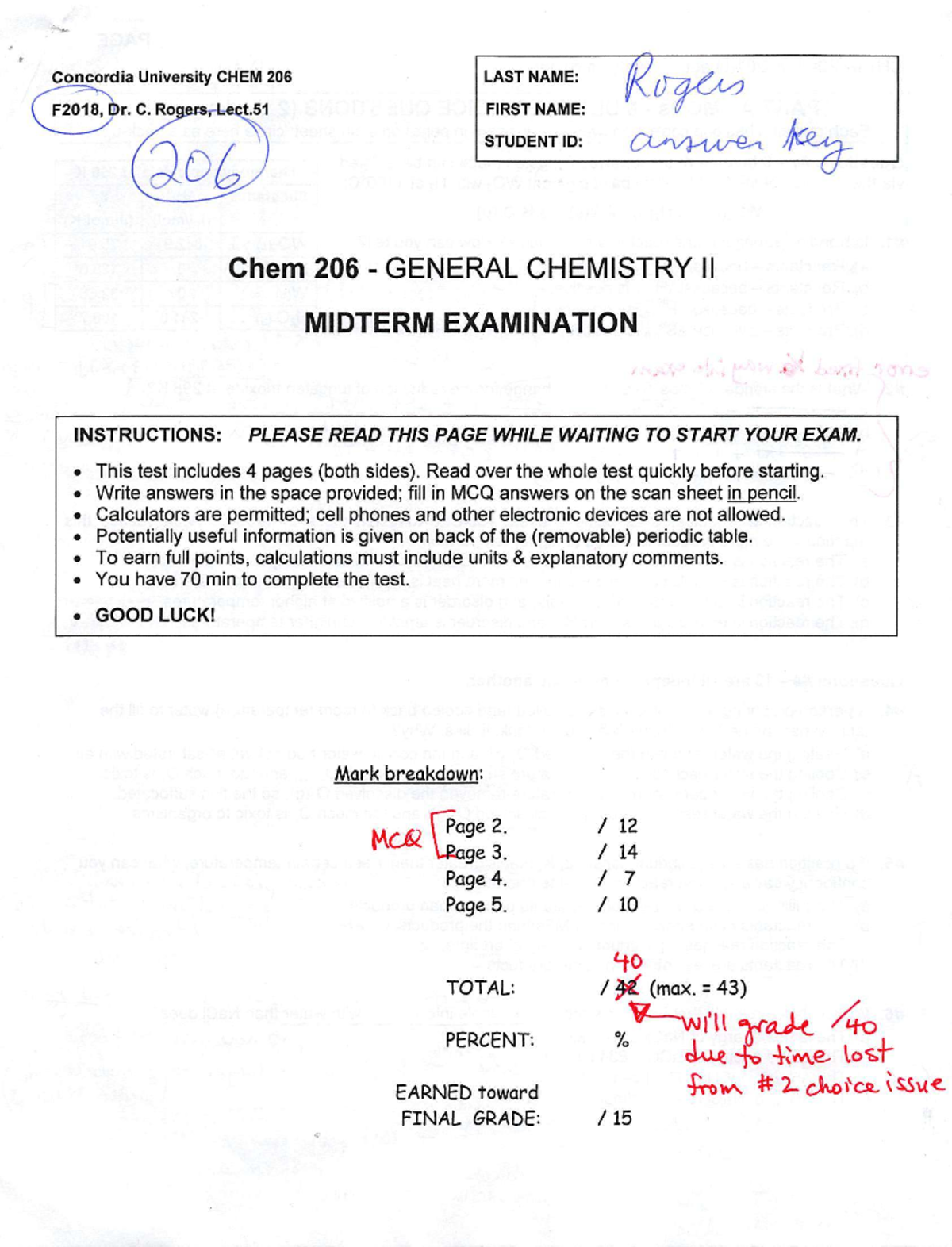 CHEM 206 F18 Midterm Exam Solutions - Dr. C. Rogers - Studocu