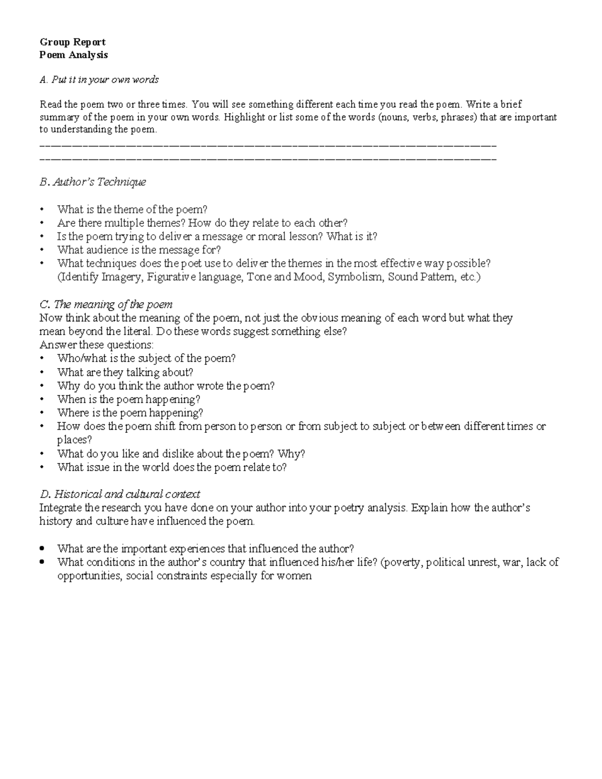 Group Task: Poem Analysis and Interpretation Guide - Studocu