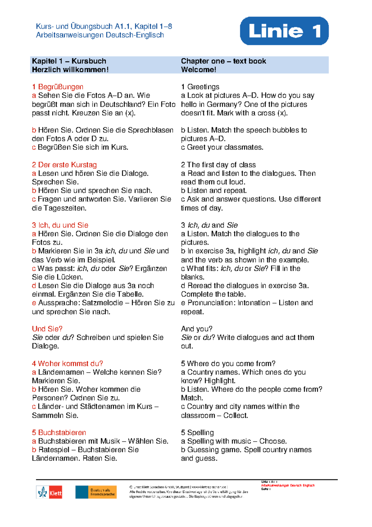 Linie 1 A1.1 Arbeitsanweisungen Kapitel 1-8: Übungsbuch und Kursbuch - Document Preview
