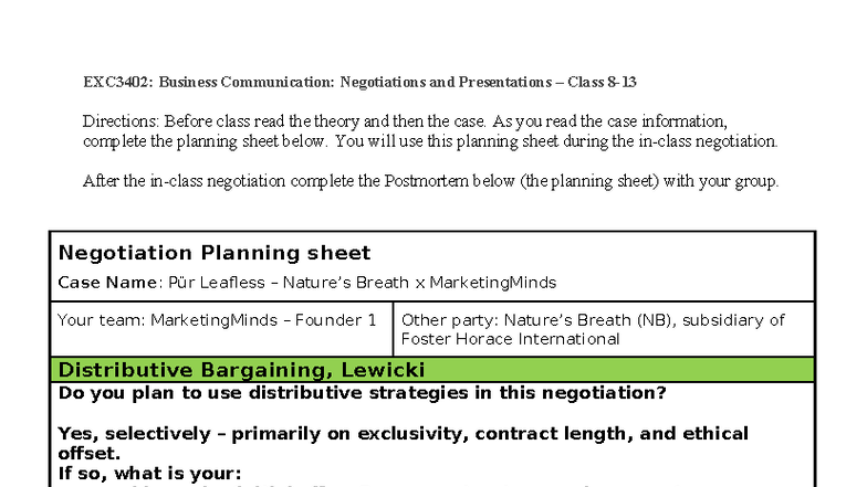 EXC3402: Business Communication Negotiation Planning & Postmortem Guide ...