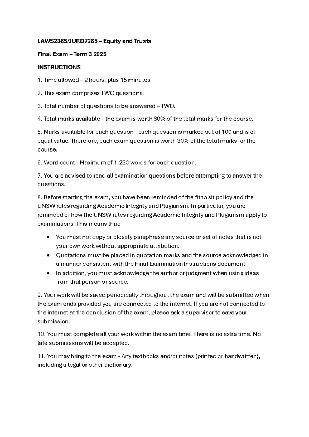 Equity and Trusts Final Exam Coversheet T3 2025 Instructions - Studocu