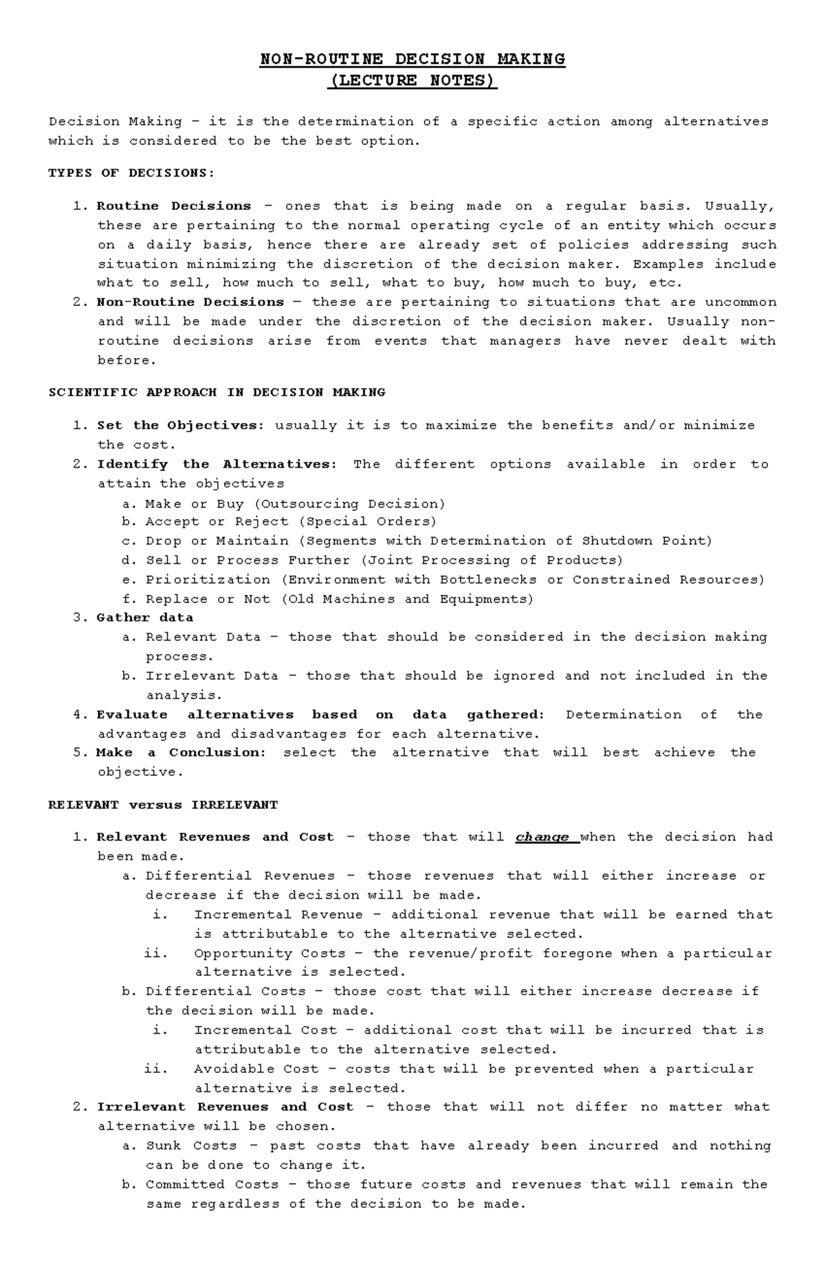 NON-ROUTINE DECISION MAKING LECTURE NOTES (DECISION TYPES & METHODS ...