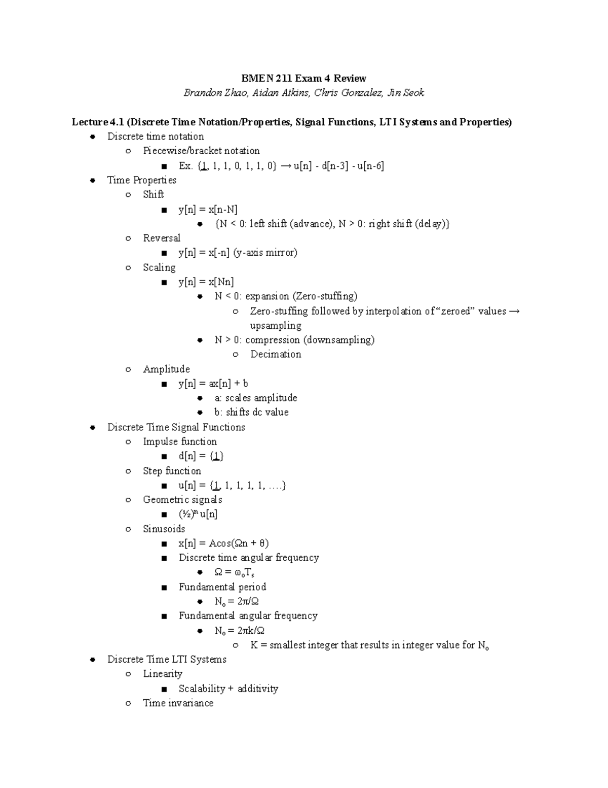 211 EXAM 4 Review - BMEN 211 Exam 4 Review Brandon Zhao, Aidan Atkins ...