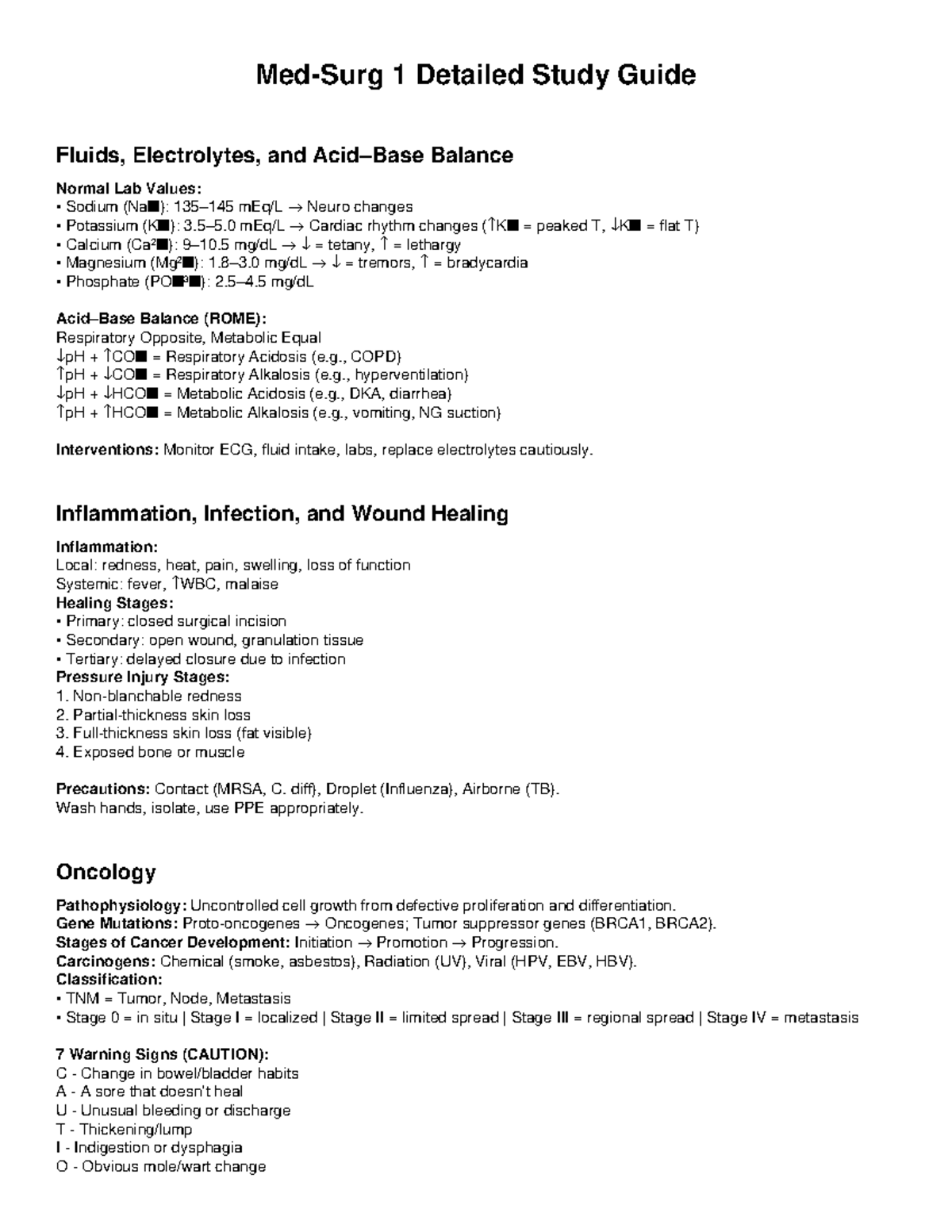 Med Surg 1 Detailed Study Guide: Fluids, Electrolytes, and Oncology - Studocu