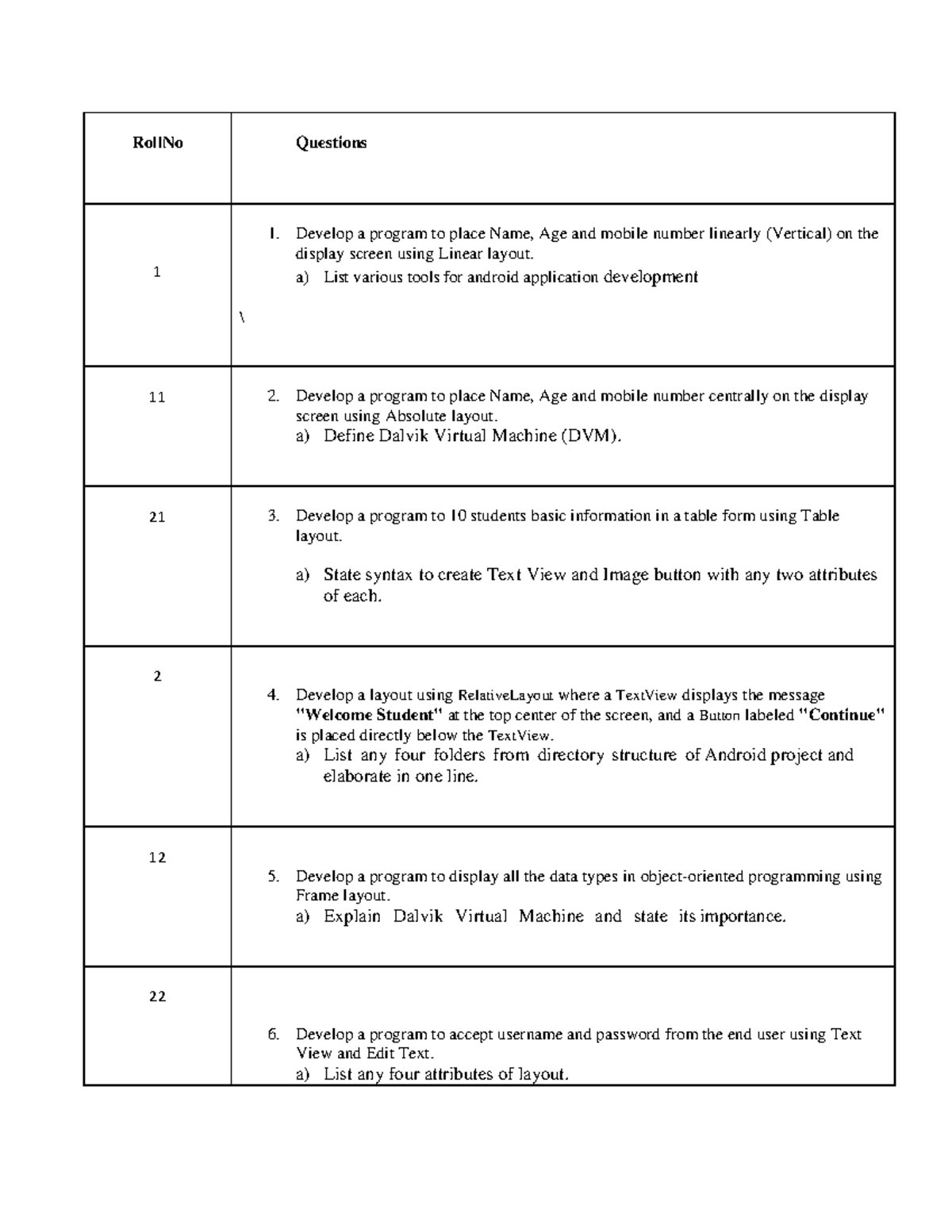 MAD Practical Exam Final: Android Layouts and Programming Tasks - Studocu