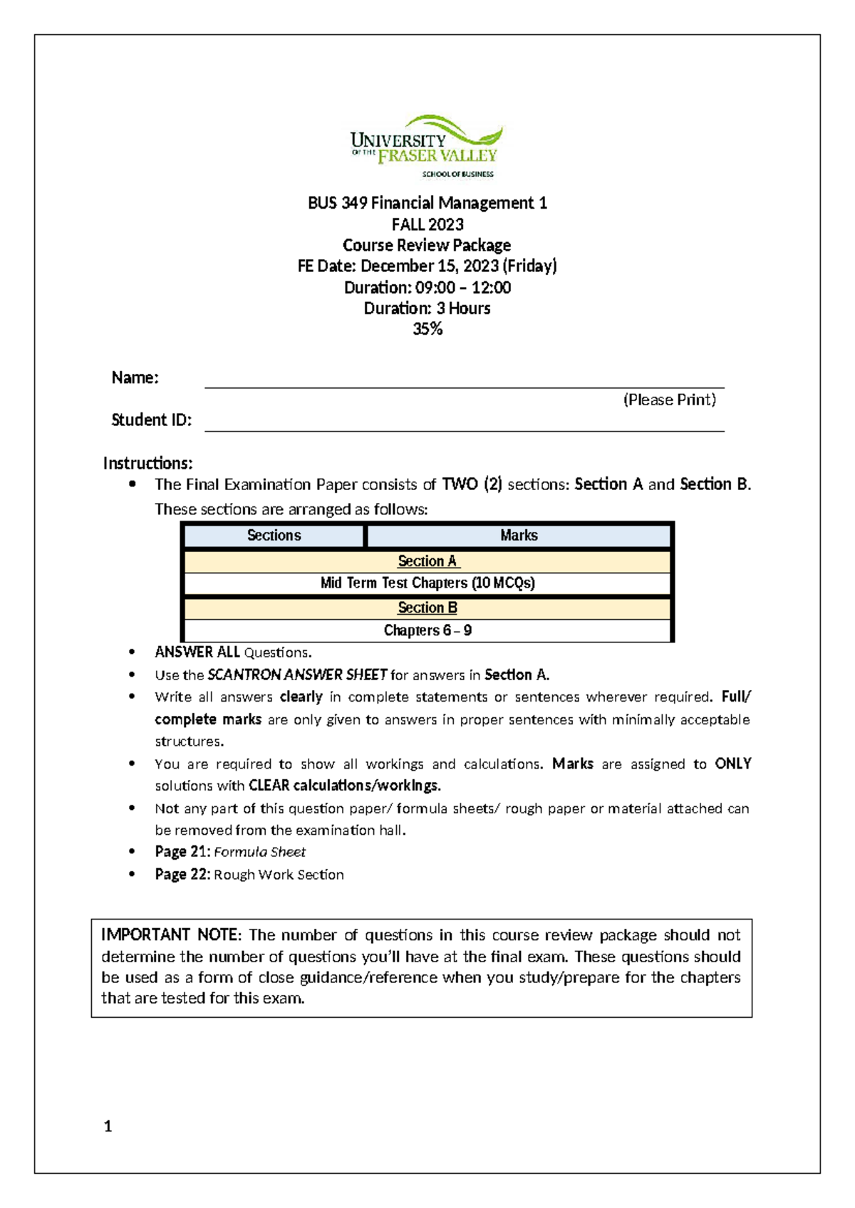 BUS349 Financial Management 1 Final Exam Review Package (F23) - Studocu