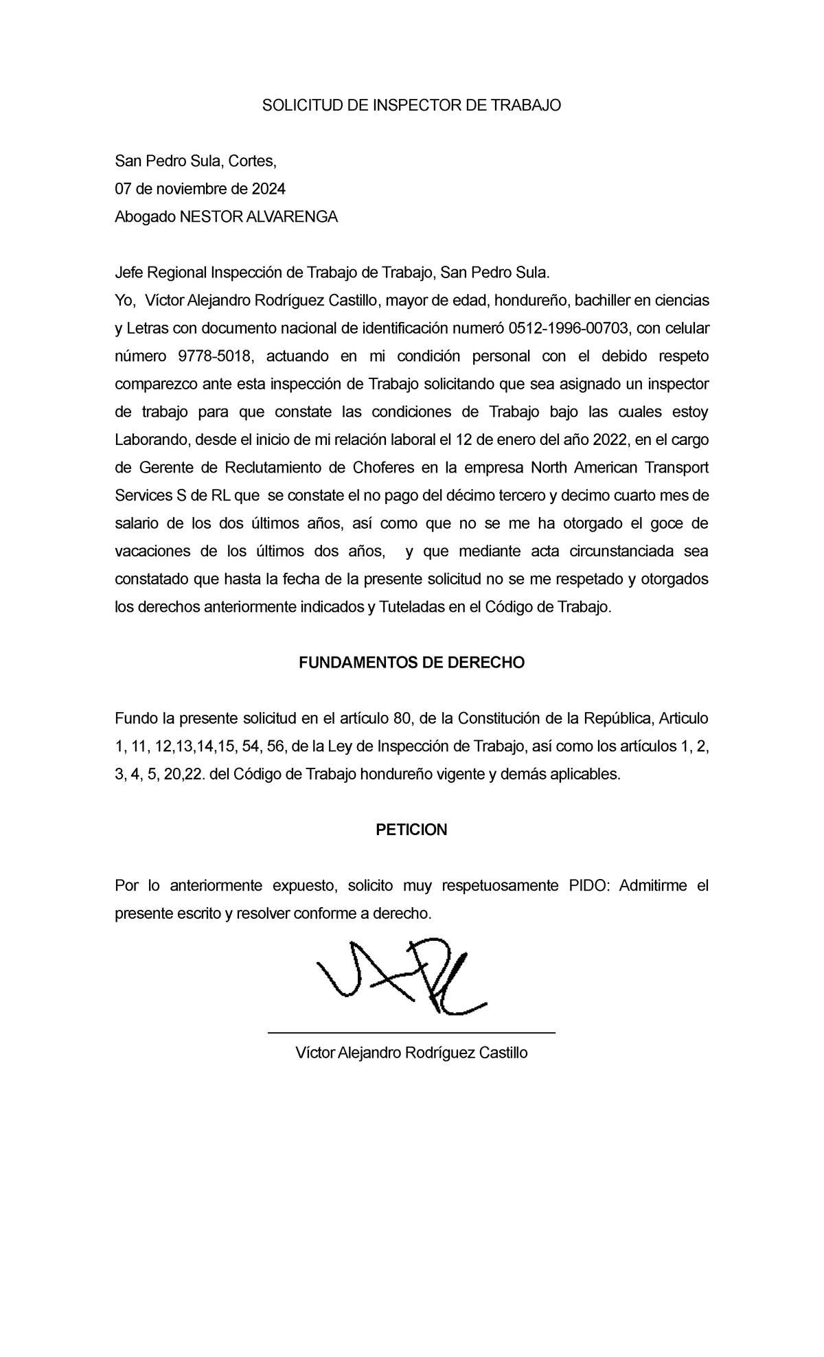 Solicitud de Inspector de Trabajo para Constatar Condiciones Laborales ...