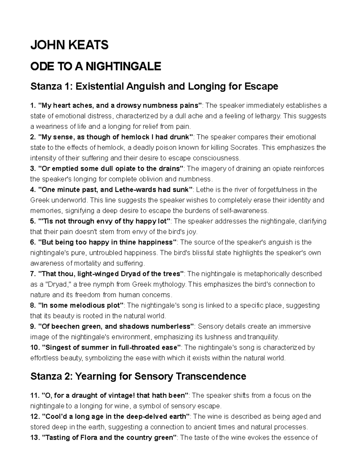JOHN Keats - JOHN KEATS ODE TO A NIGHTINGALE Stanza 1: Existential ...
