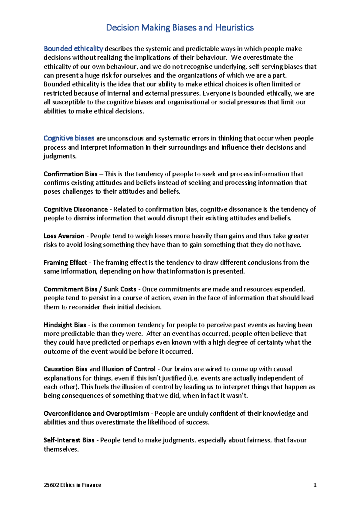 25602 Ethics in Finance: Decision Making Biases & Heuristics Explained ...