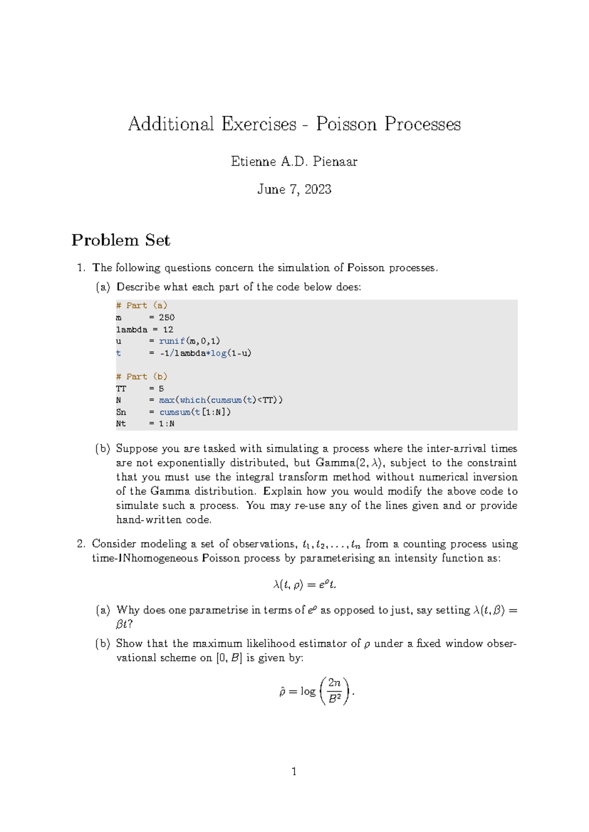 Additional Exercises on Poisson Processes - Problem Set 1 - Studocu