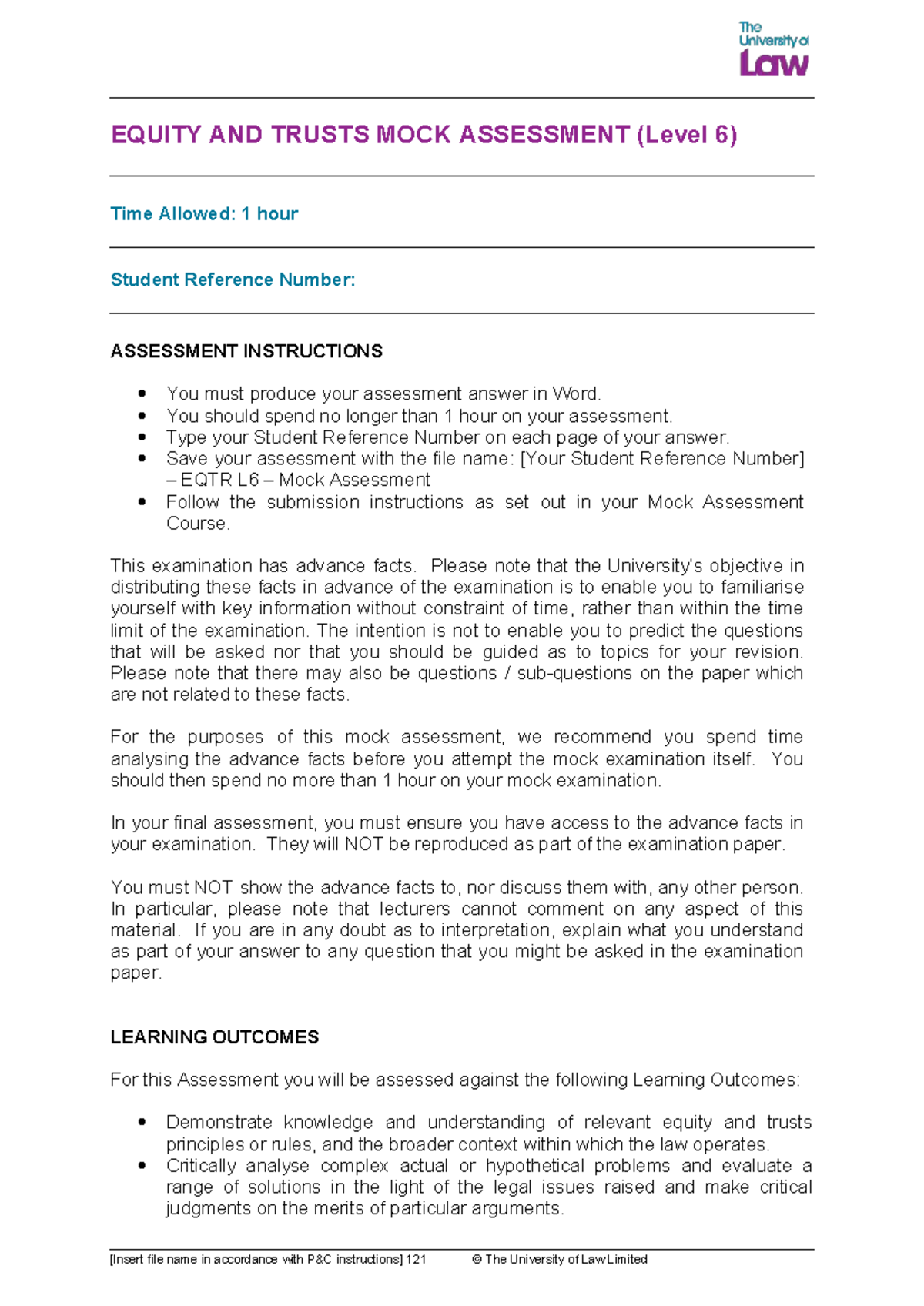 EQUITY AND TRUSTS L6 MOCK ASSESSMENT - 1 HOUR EXAMINATION GUIDE - Studocu