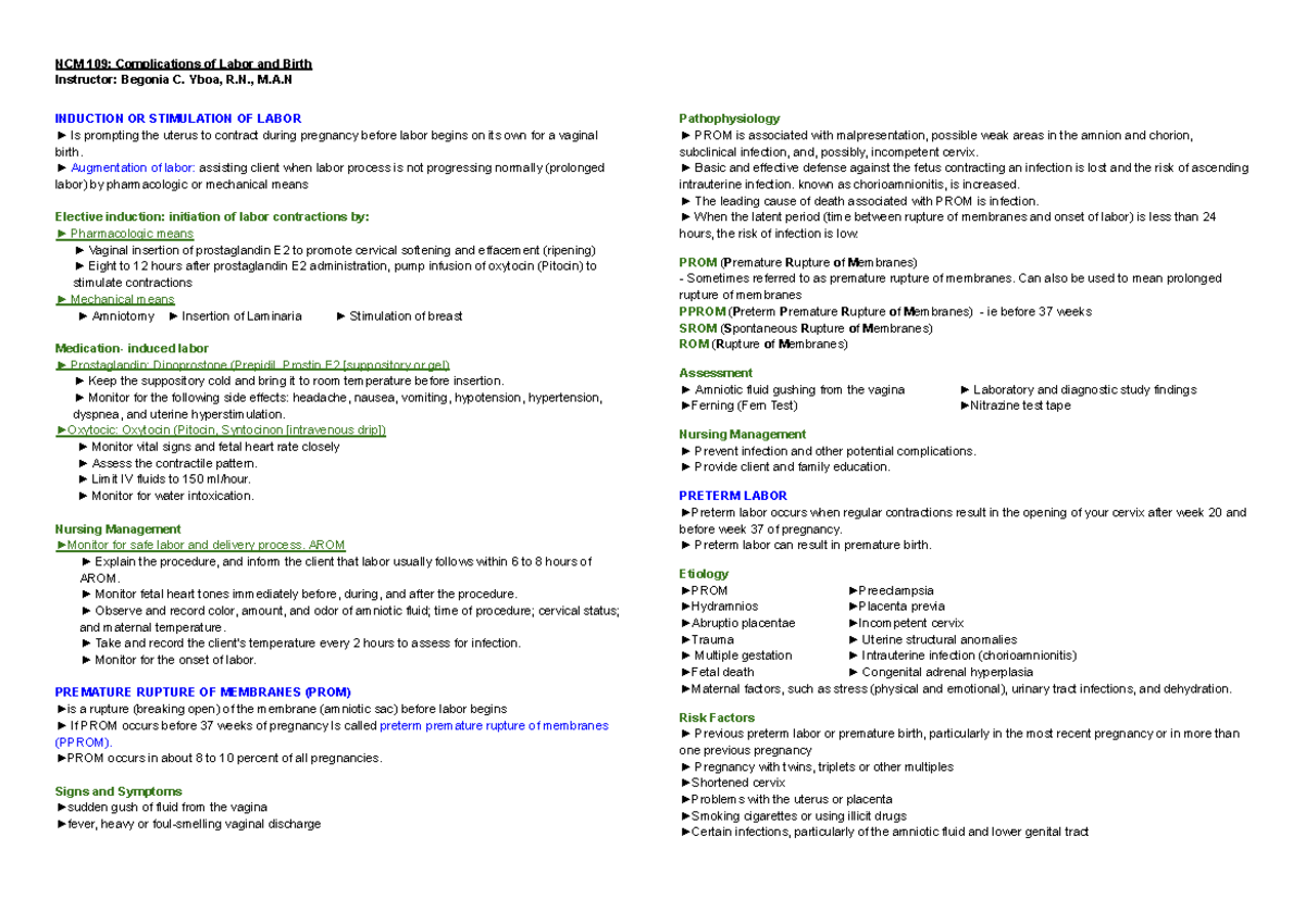 NCM 109: Final Exam Study Notes on Complications of Labor and Birth ...