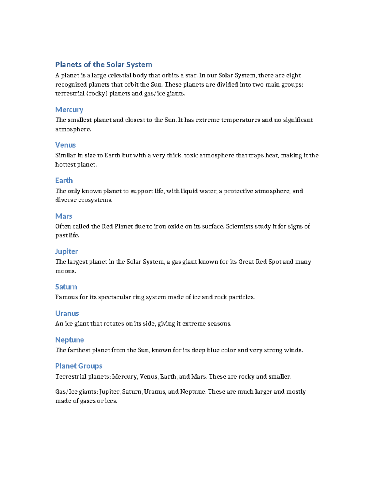 Planets of the Solar System: Overview and Classification - Studocu