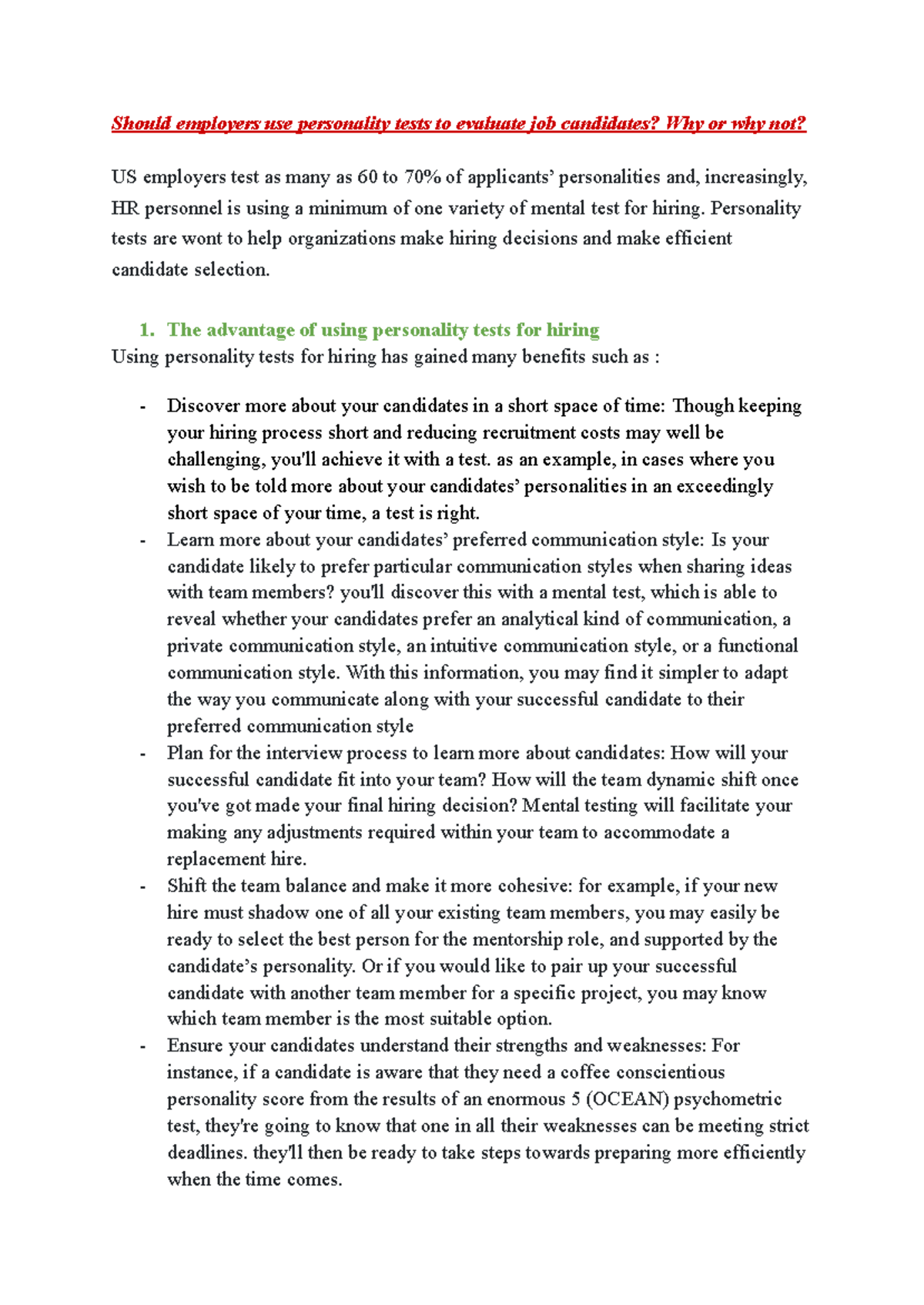 MANA 27: Personality Tests in Hiring - Pros and Cons Analysis - Studocu