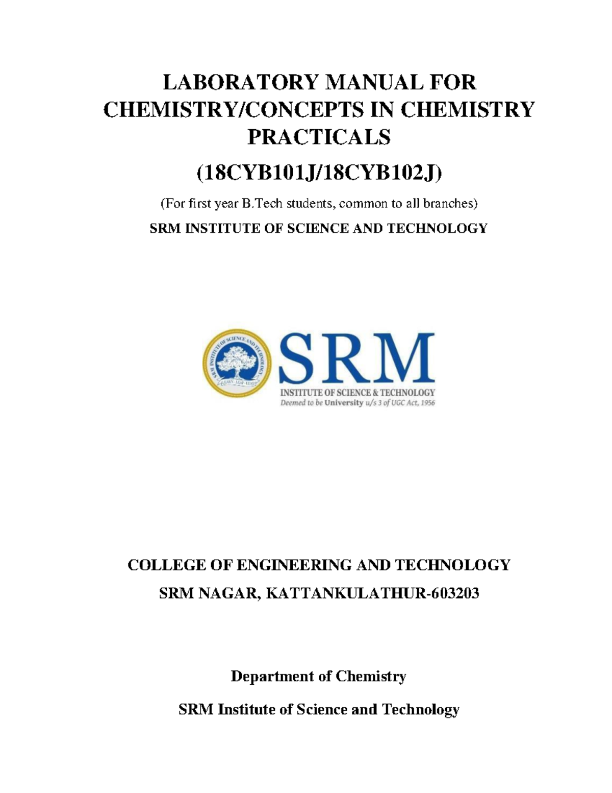 SRM Lab Manual for Chemistry Practicals (18CYB101J/18CYB102J) - Studocu