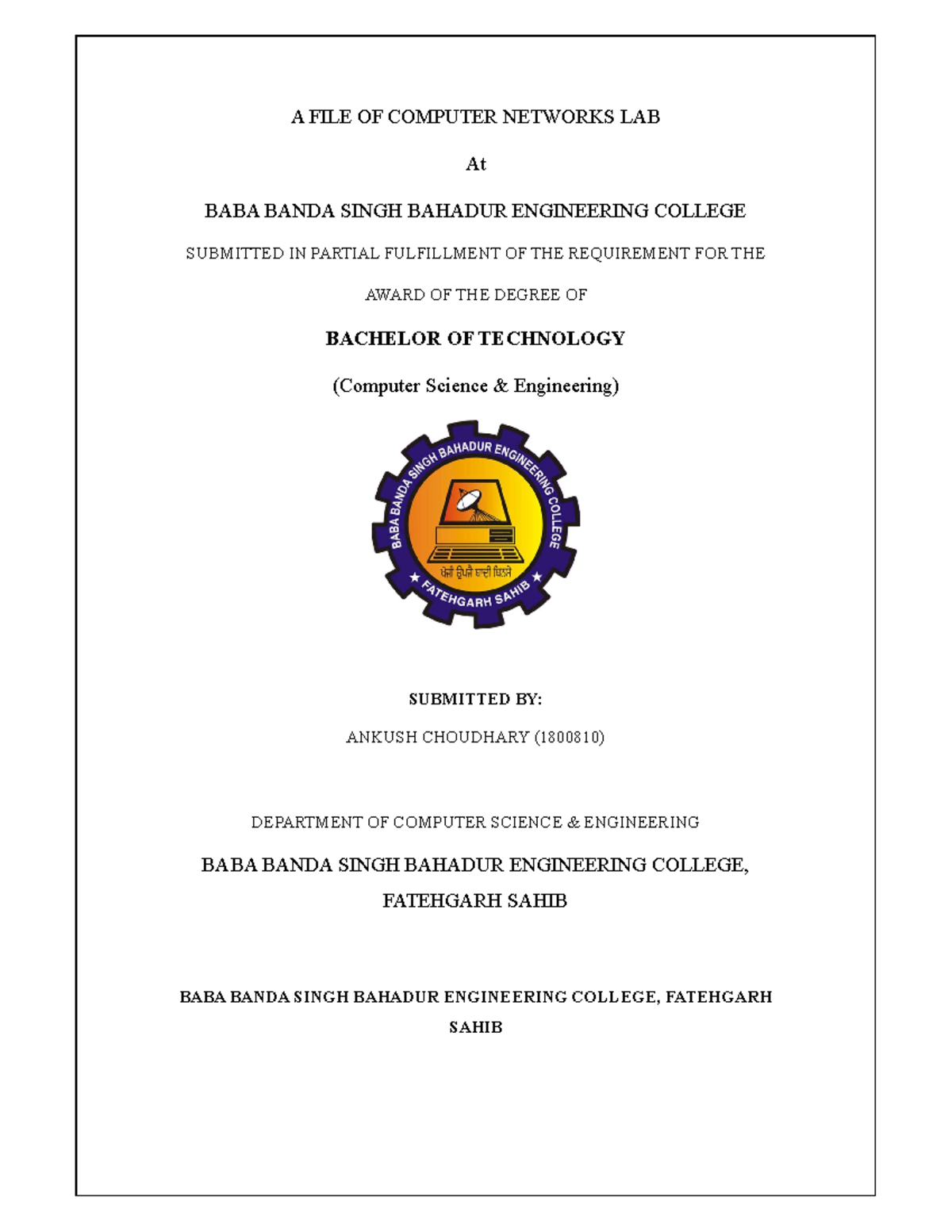 Cn file - A FILE OF COMPUTER NETWORKS LAB At BABA BANDA SINGH BAHADUR ...