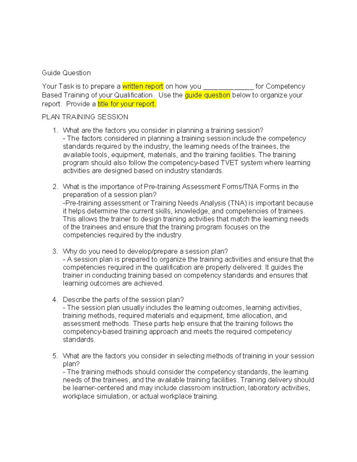 Guide Questions for Competency-Based Training (TM TUP) - Studocu