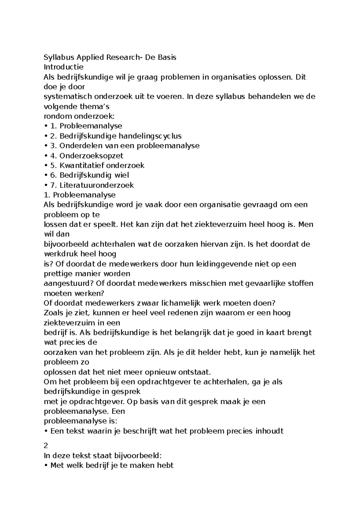 Syllabus Bedrijfskunde: Probleemanalyse en Onderzoeksopzet - Studeersnel