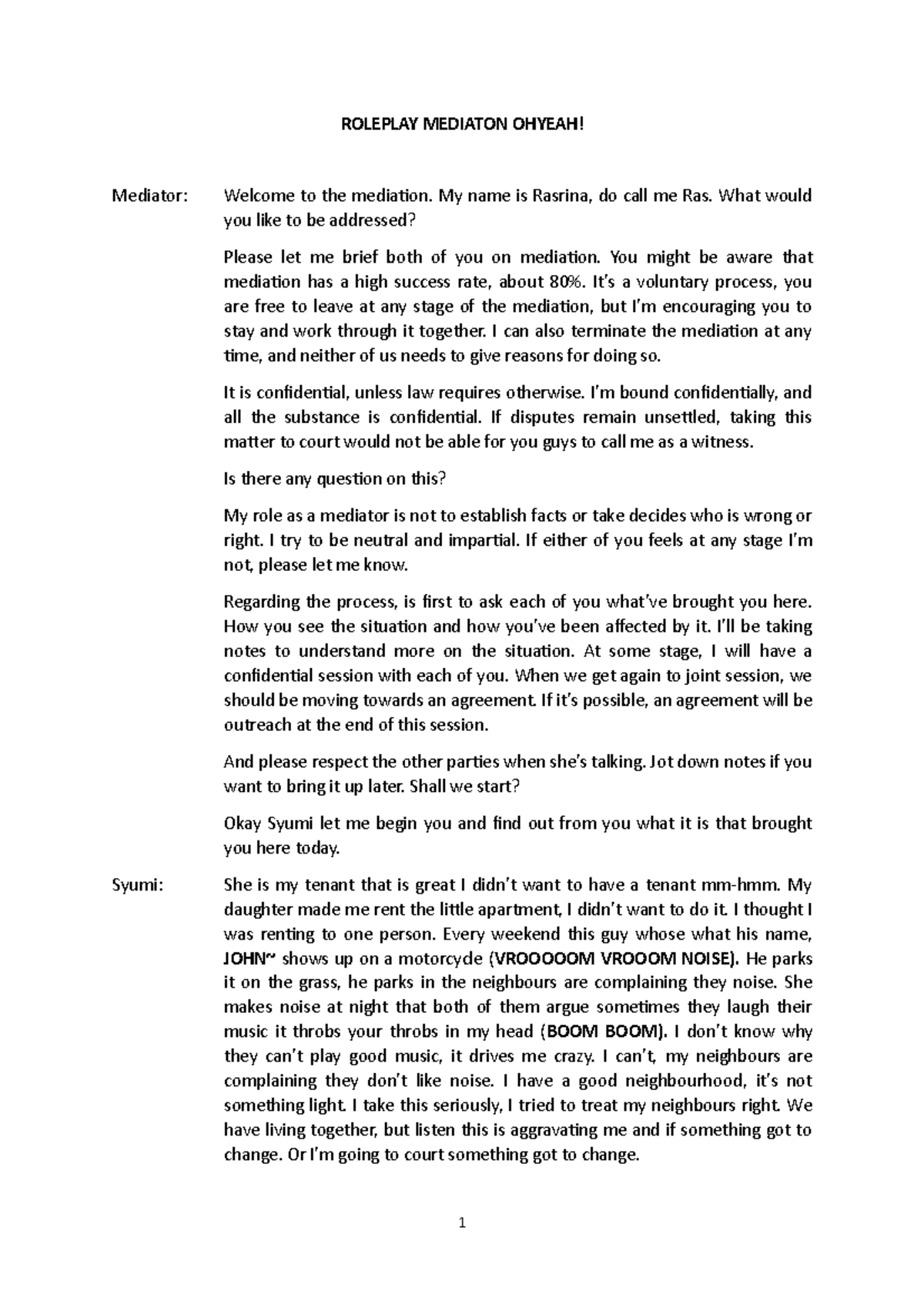 Mediation Script Roleplay 3: Resolving Tenant-Landlord Disputes - Studocu